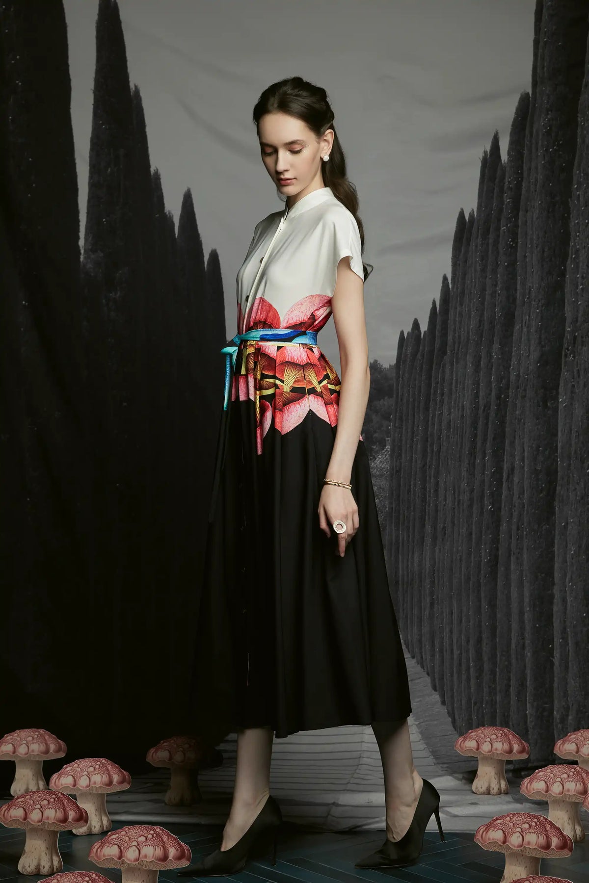 Chinese Collar Fit & Flare Dress (Boletus)
