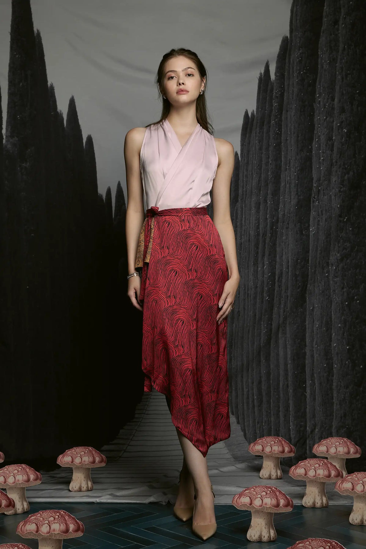 Sleeveless Cascade Wrap Dress (Morel)