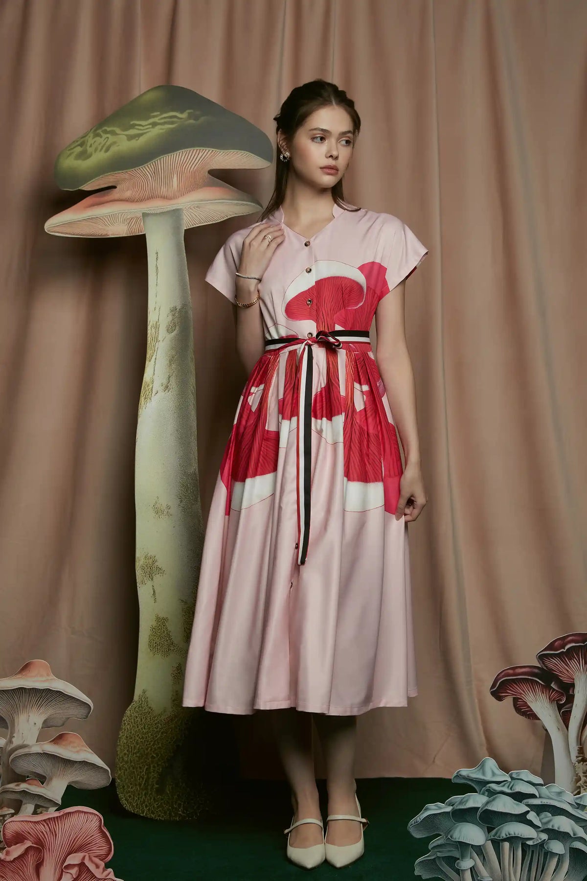Stand Collar Dual Pleat Dress (Russula)