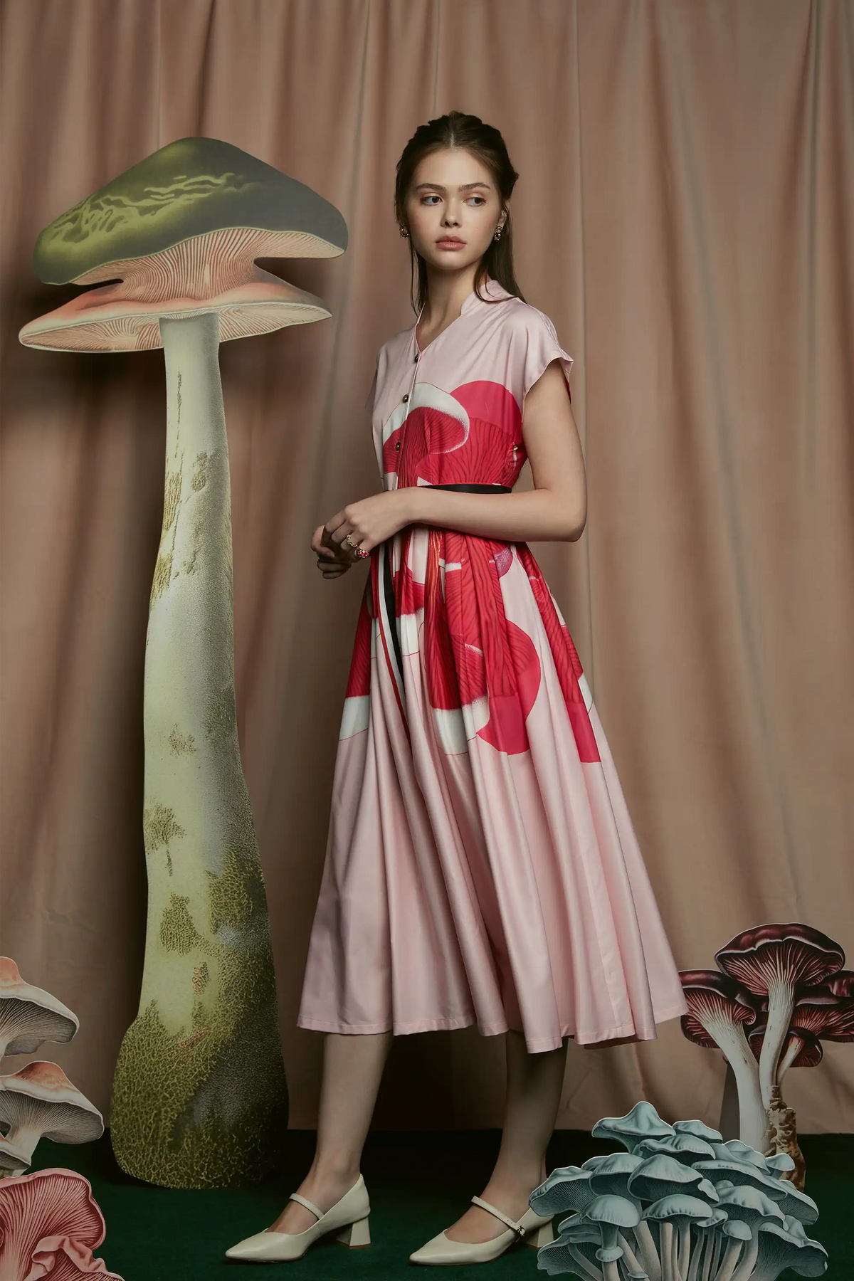 Stand Collar Dual Pleat Dress (Russula)