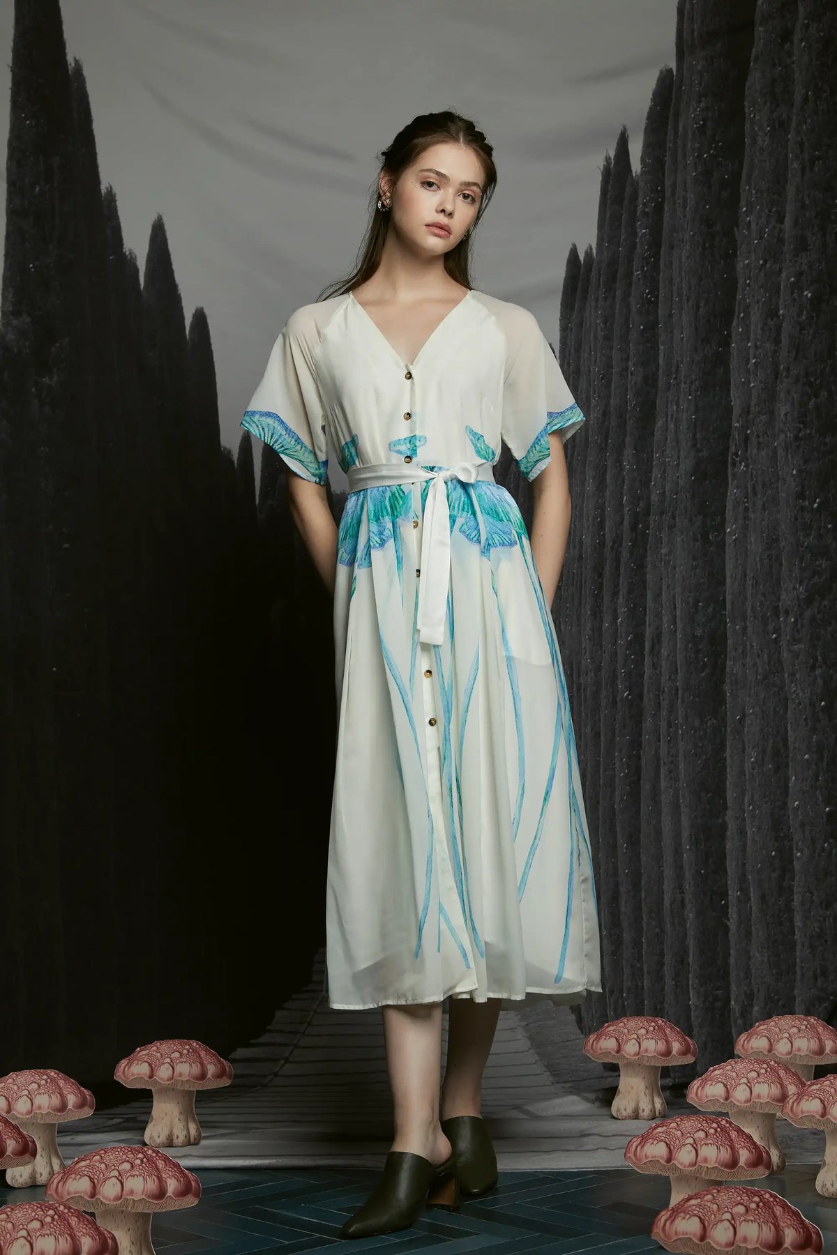 V-neck Box Pleat Dress (Ruby Bonnet)