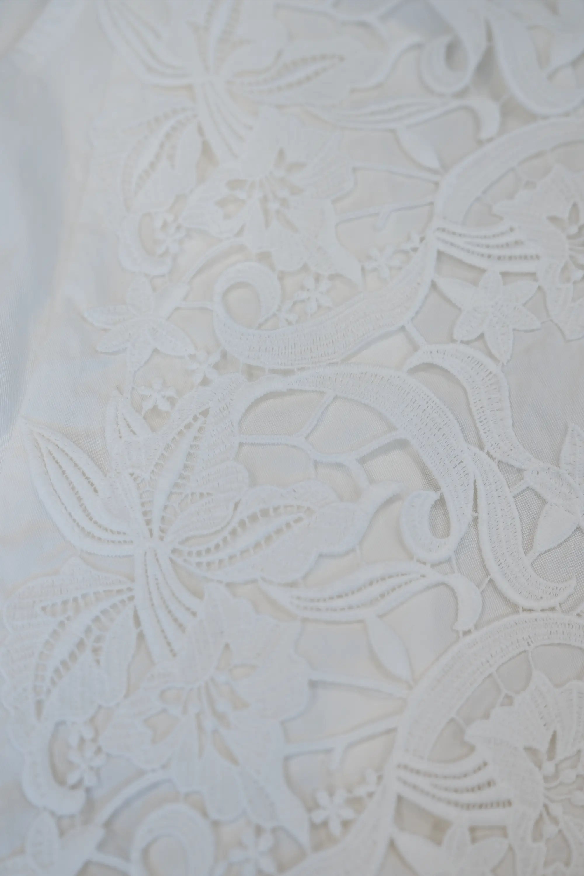 Close-up of white lace fabric with intricate floral embroidery and textured openwork details