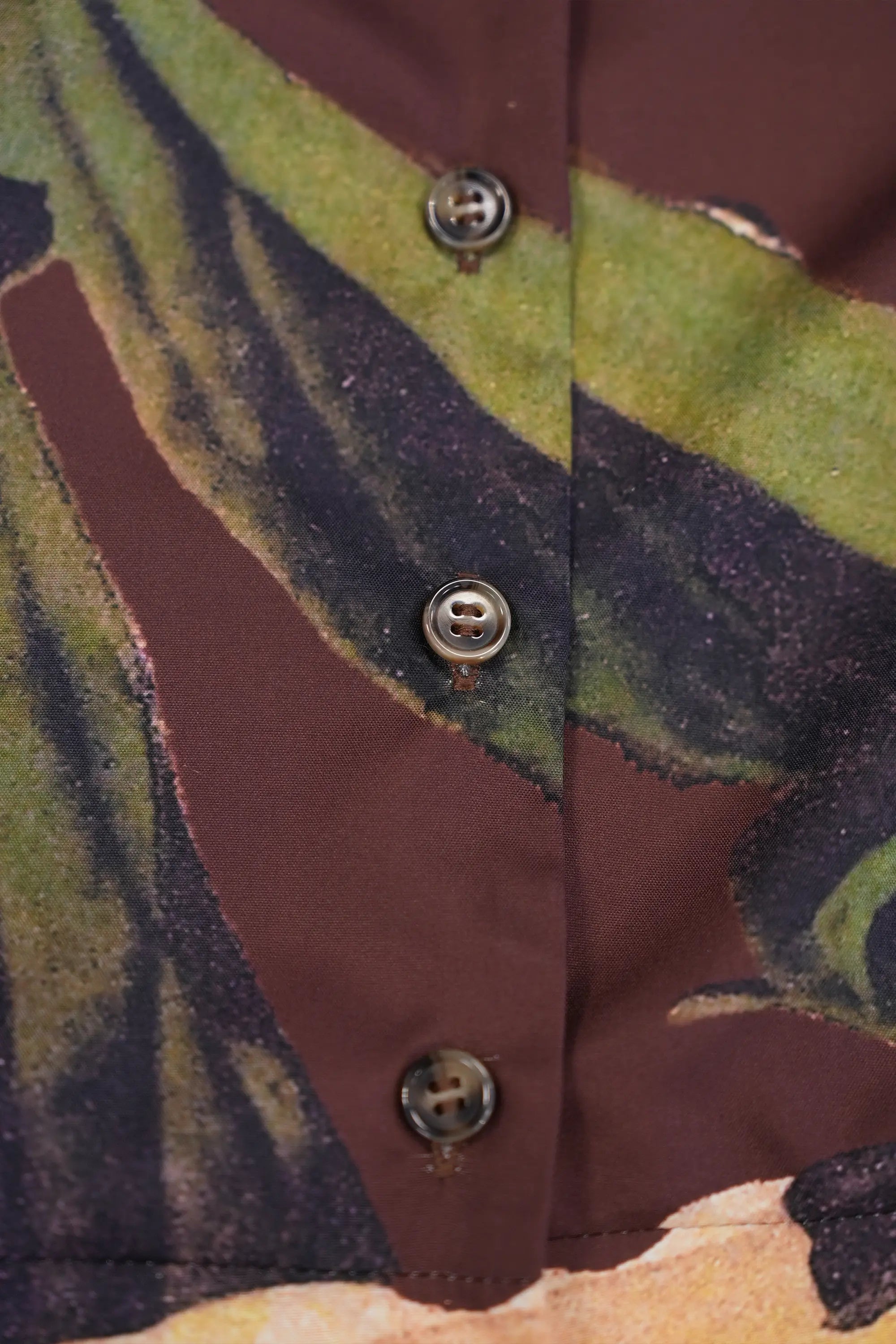 ABIDE printed dress button closure and print placement detail (close-up)