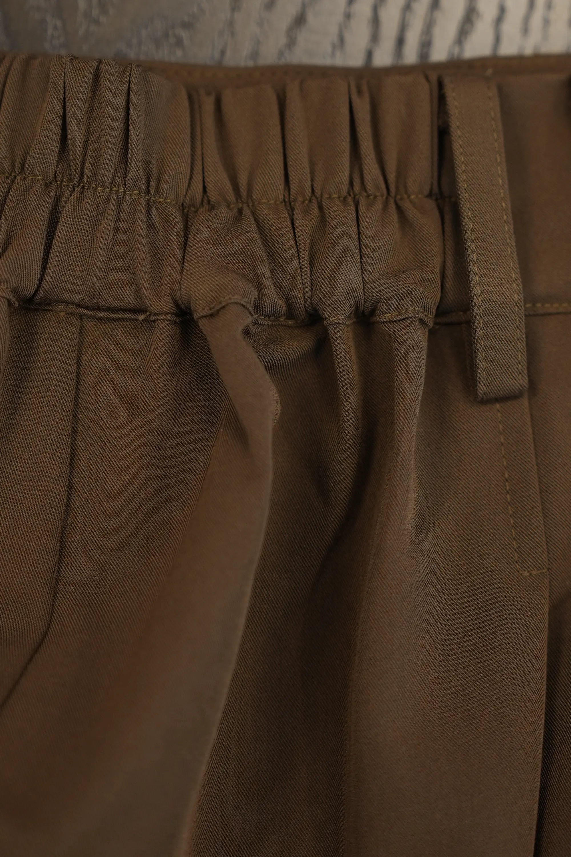 ABIDE brown pleated wide-leg pants elastic waistband detail (close-up)
