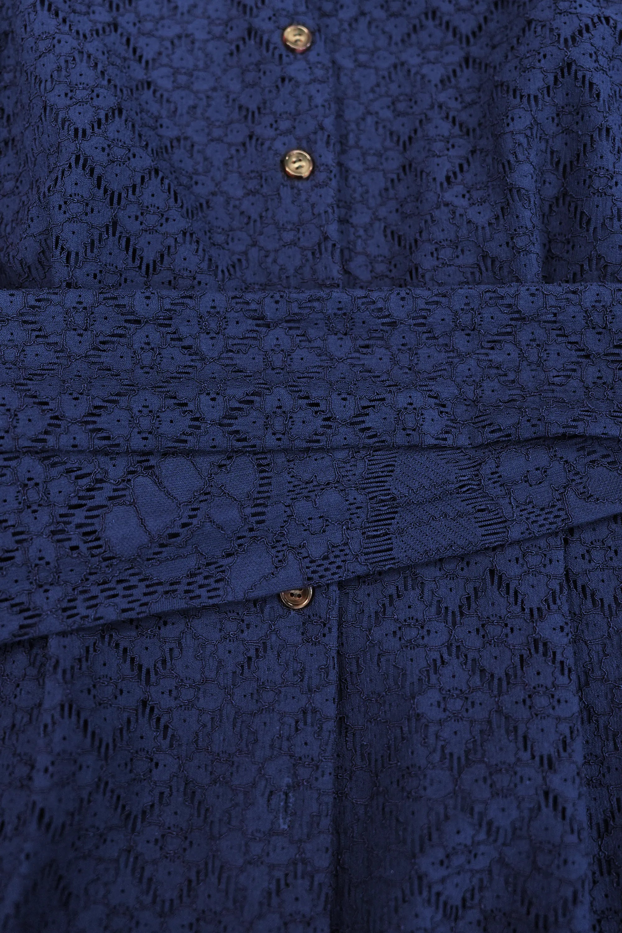 ABIDE navy lace midi dress waist tie sash and textured lace detail (close-up)