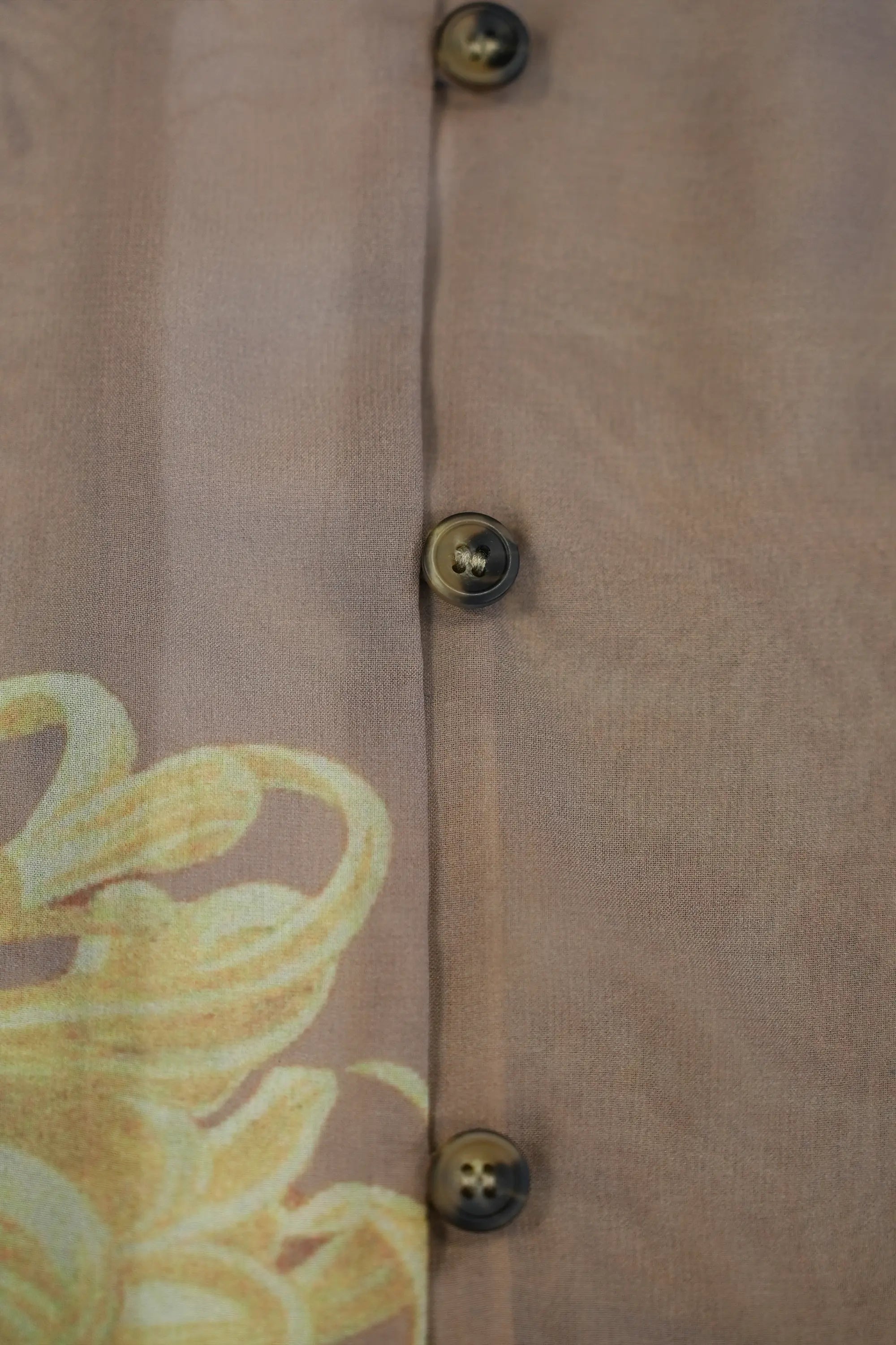 ABIDE sheer blouse front button detail with floral print placement (close-up)