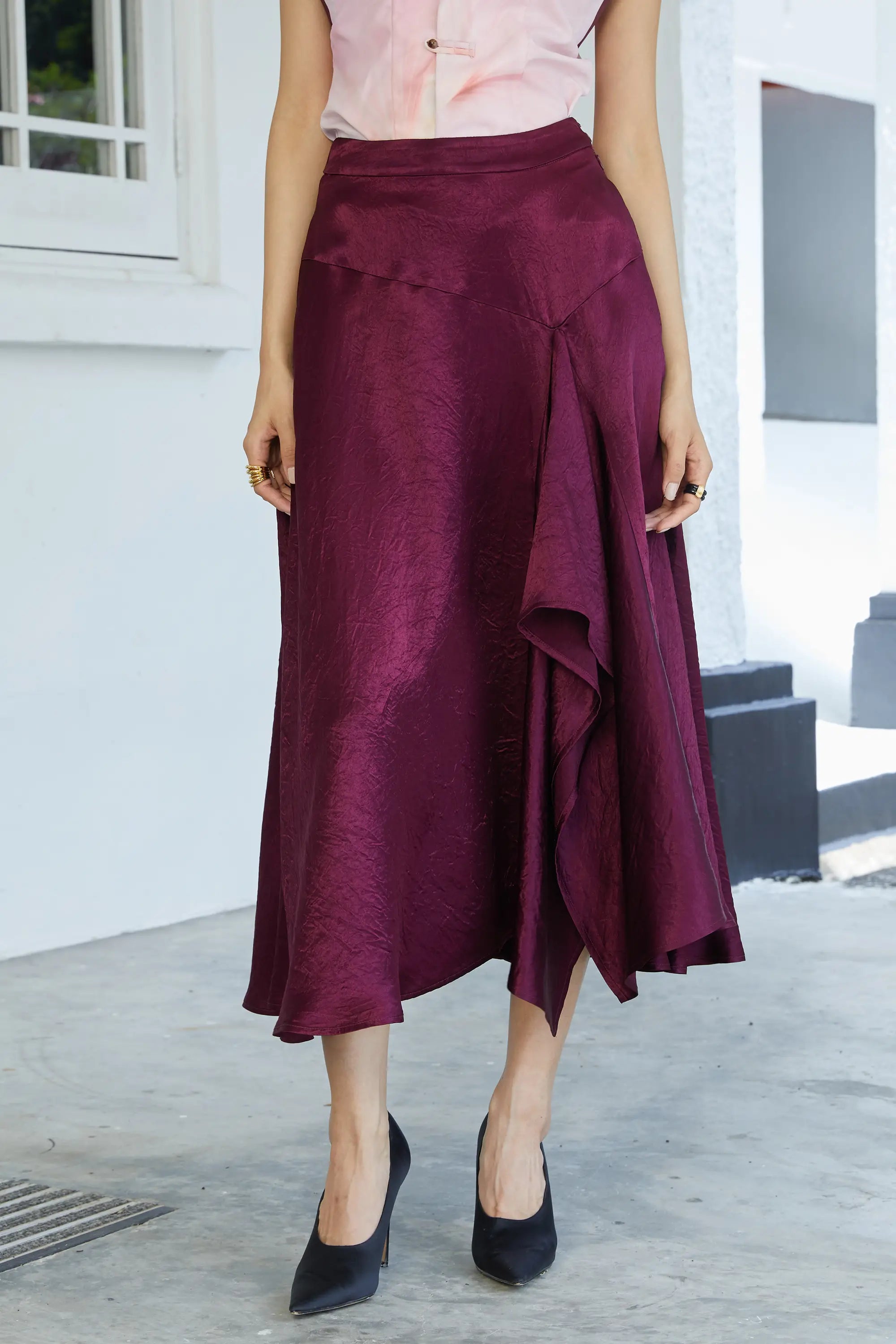 Asymmetrical Slit Skirt (Wine)
