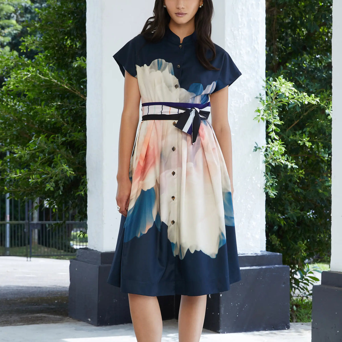 Chinese Collar Fit & Flare Knee Dress (Abide)