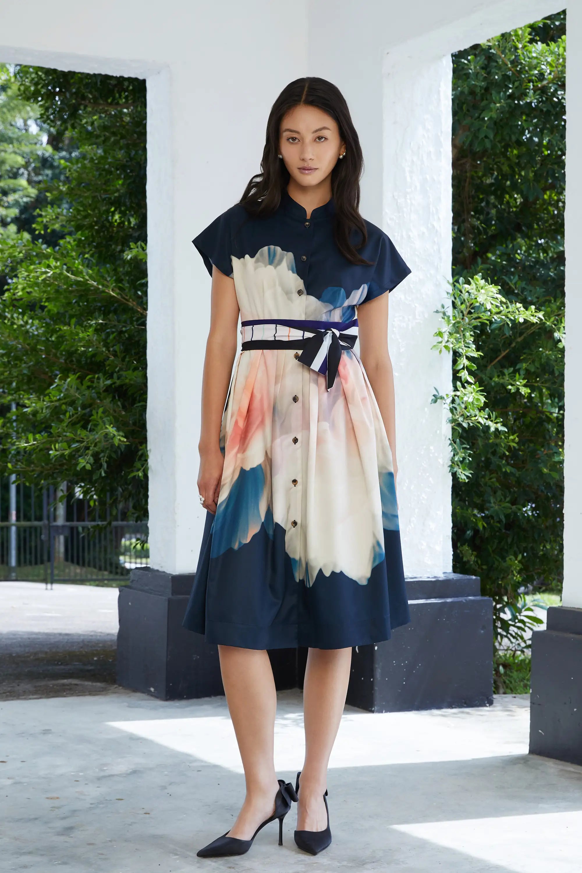 Chinese Collar Fit & Flare Knee Dress (Abide)