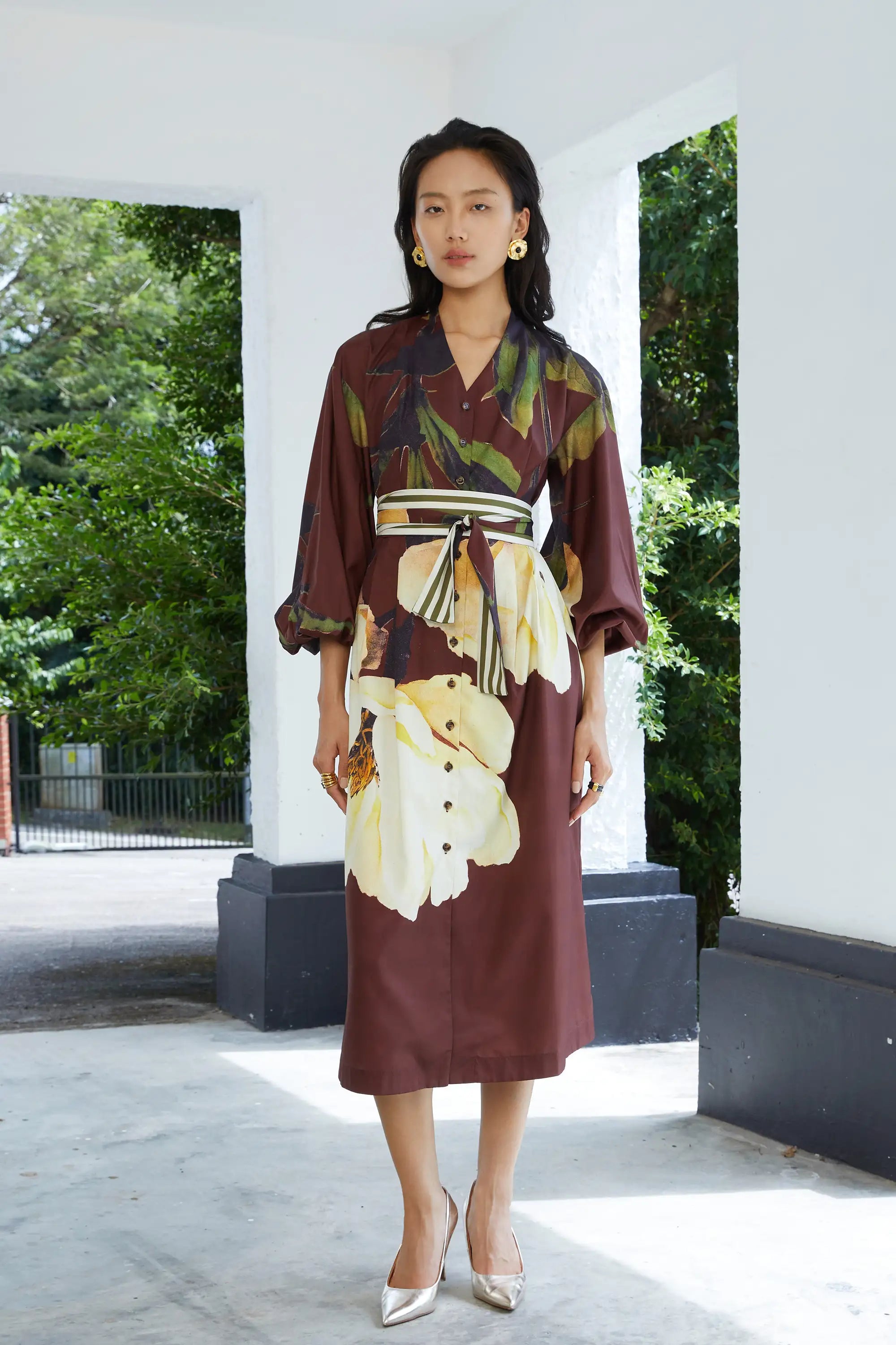 Lantern Sleeves Column Dress (Peony)