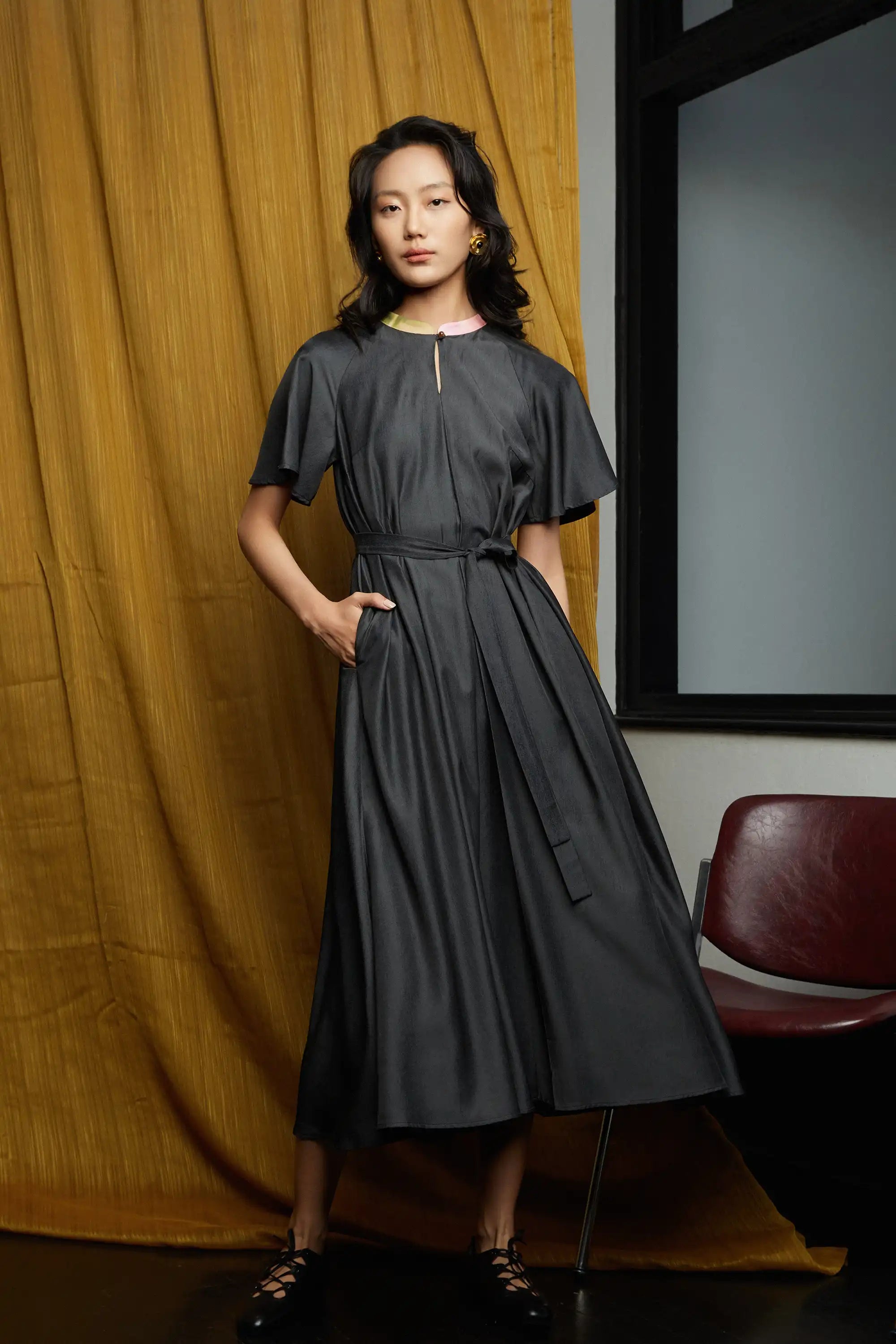 Micro Chinese Collar Tent Dress (Charcoal Grey)
