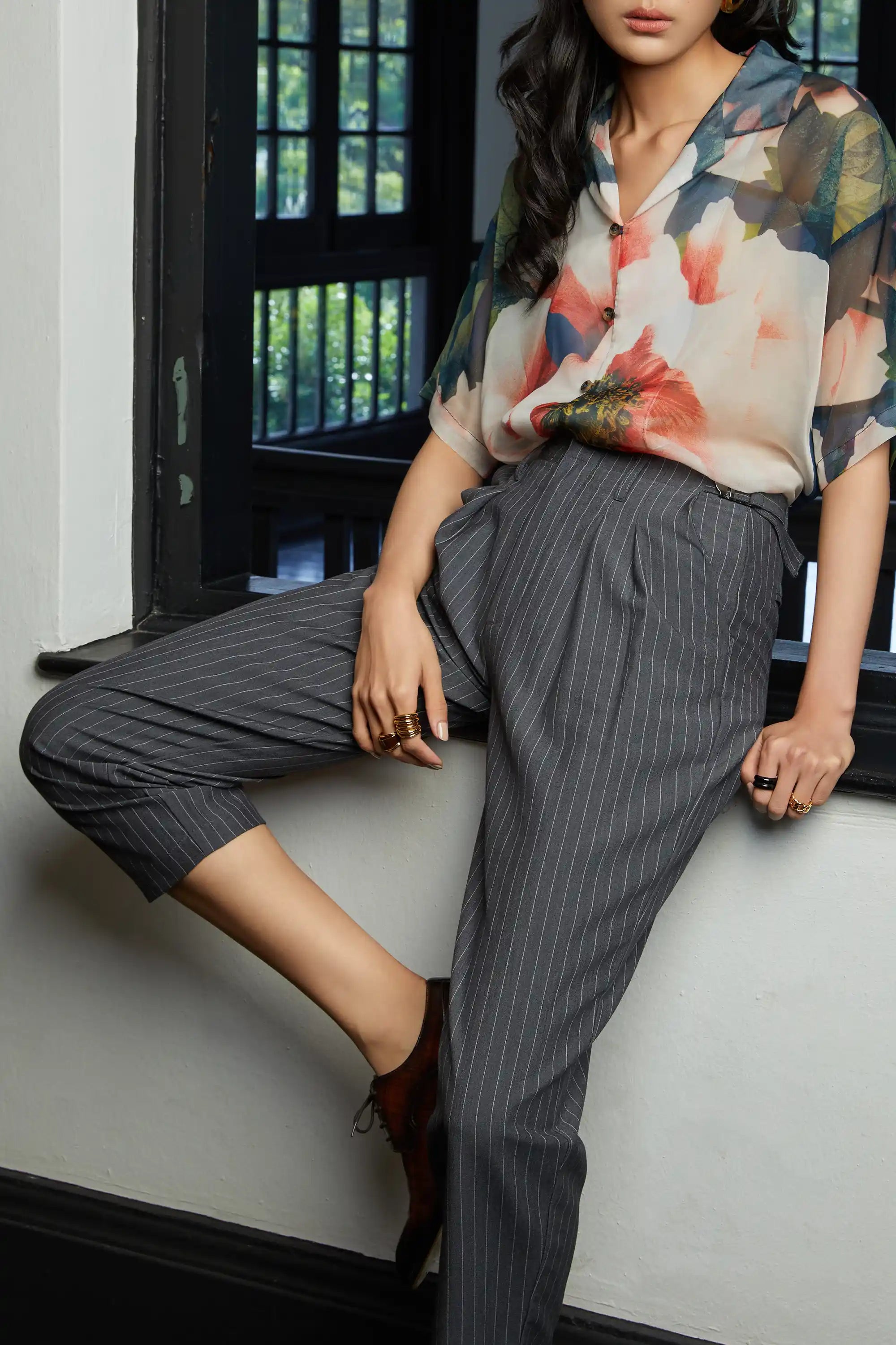 Pleated Peg Trousers (Grey Pinstripe)