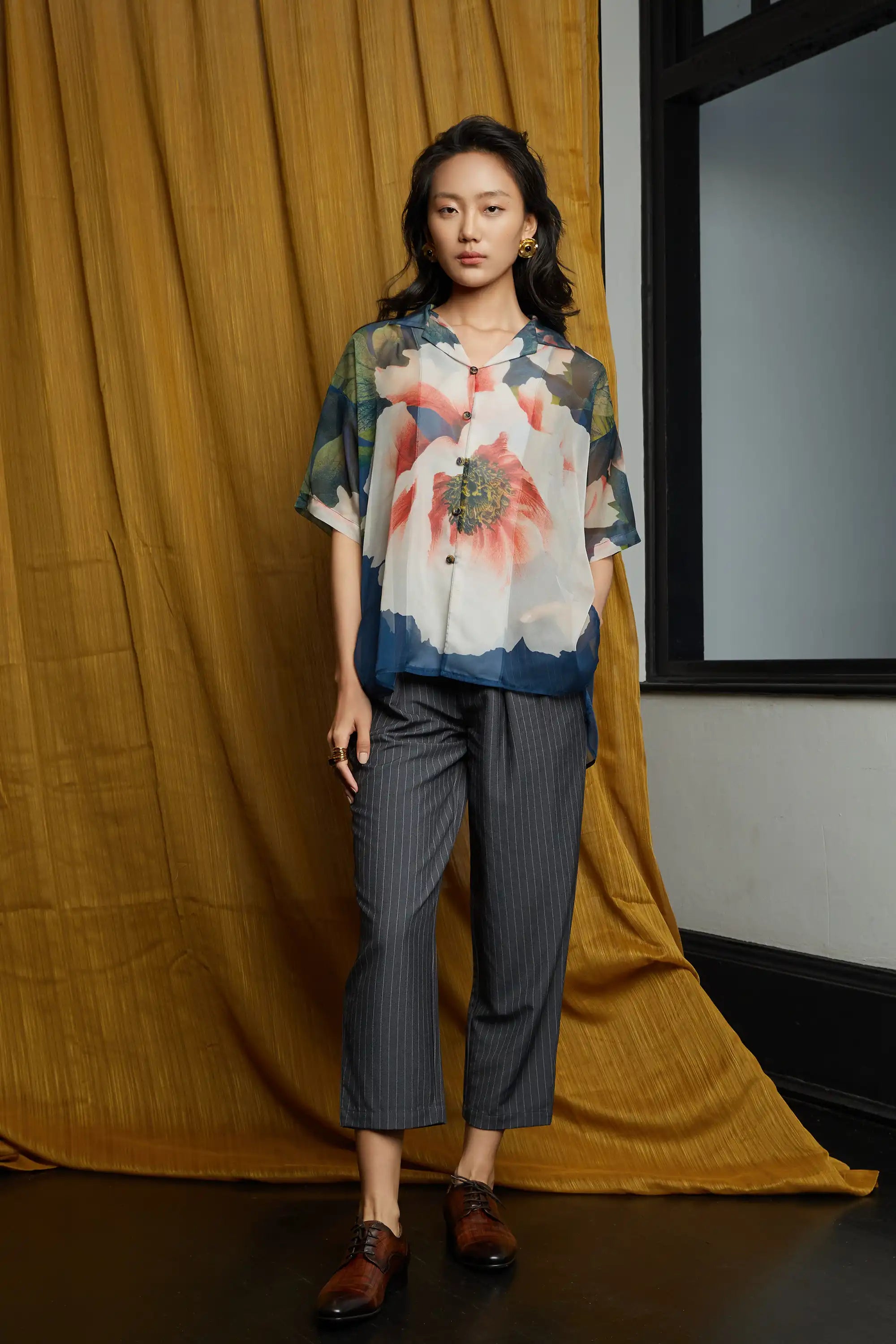 Pleated Peg Trousers (Grey Pinstripe)