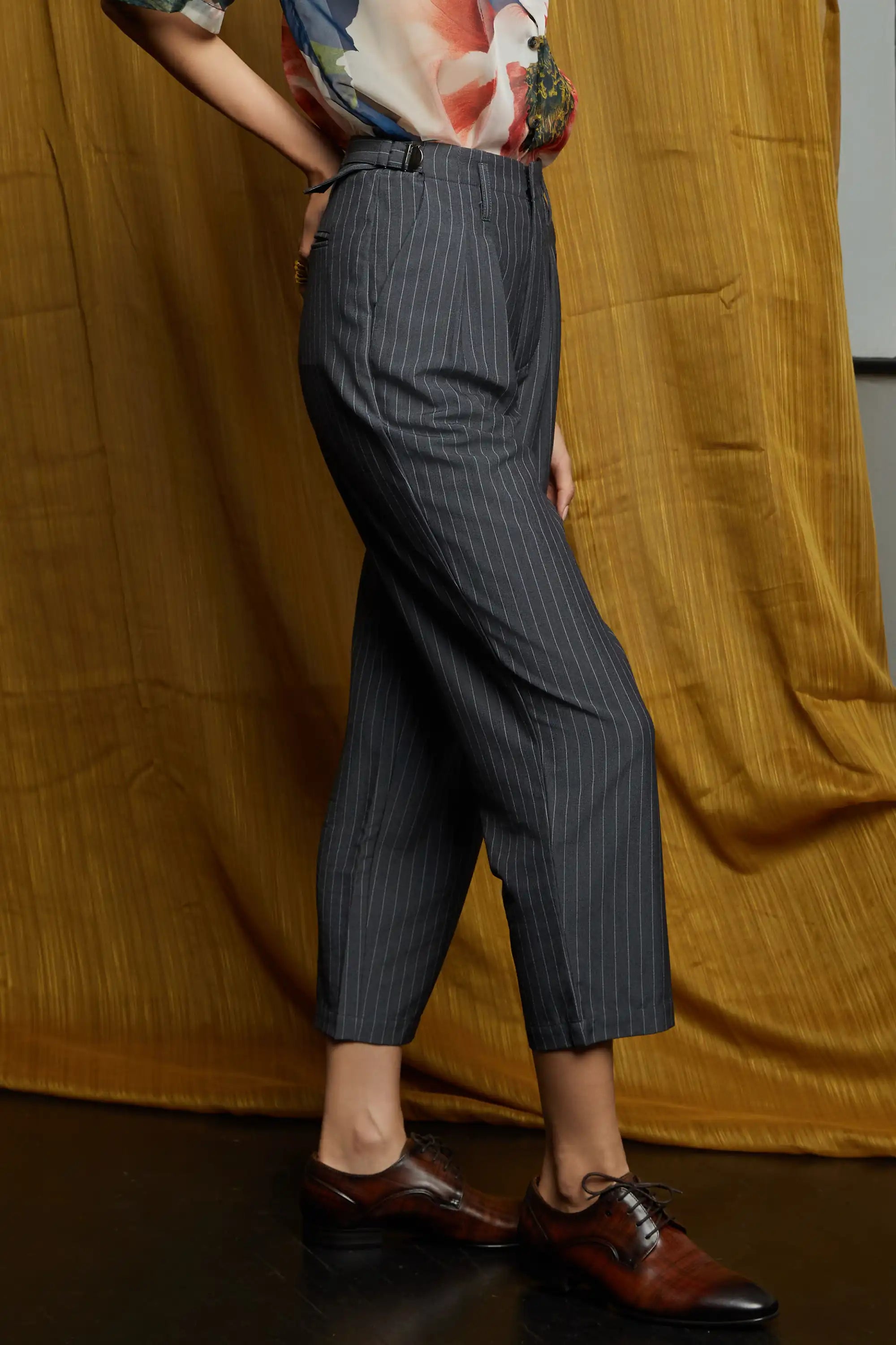 Pleated Peg Trousers (Grey Pinstripe)