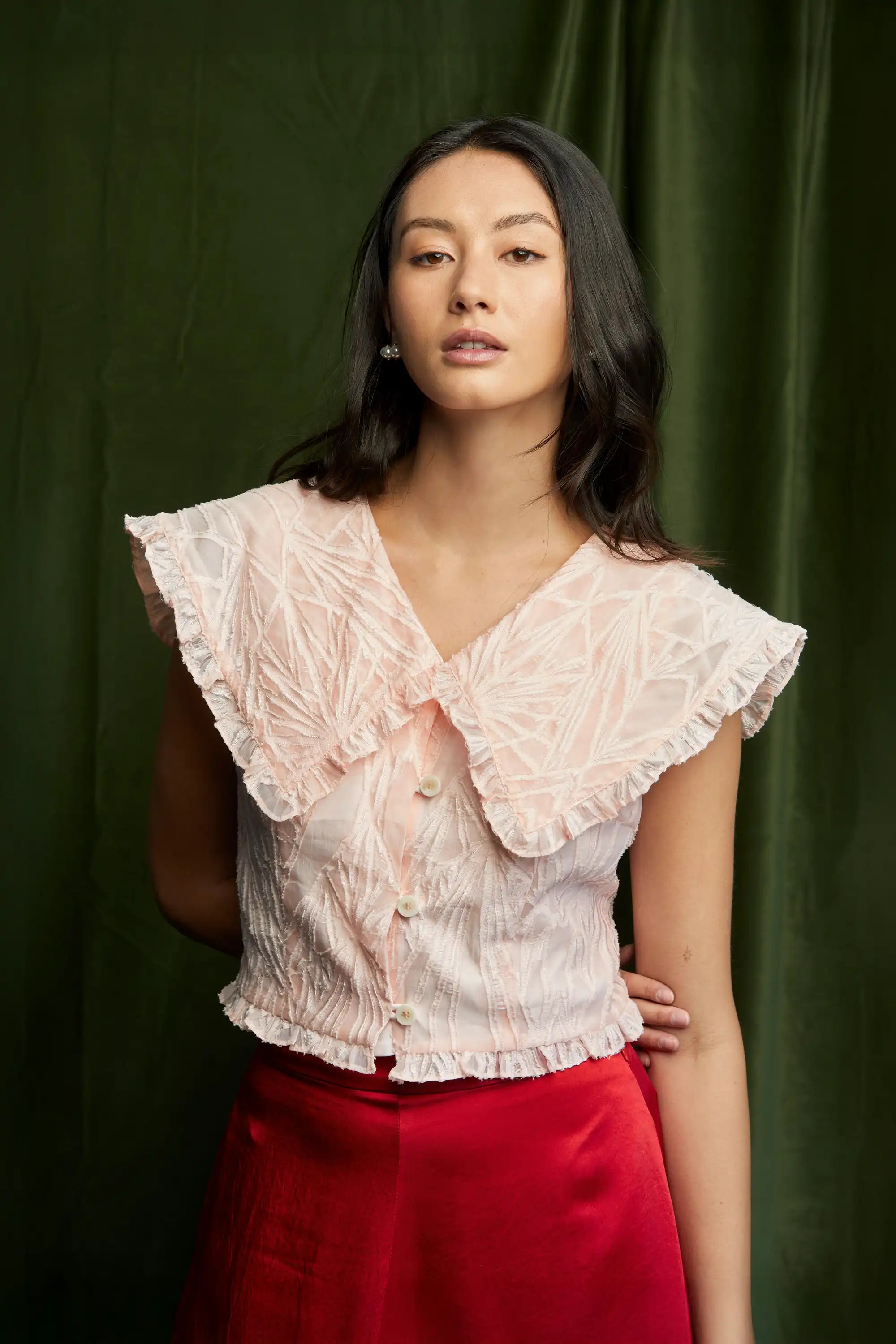 新品未使用 ROSE JACQUARD CROPPED BLOUSE Sailor Collar Cropped Top – Pink Jacquard | Reckless Ericka