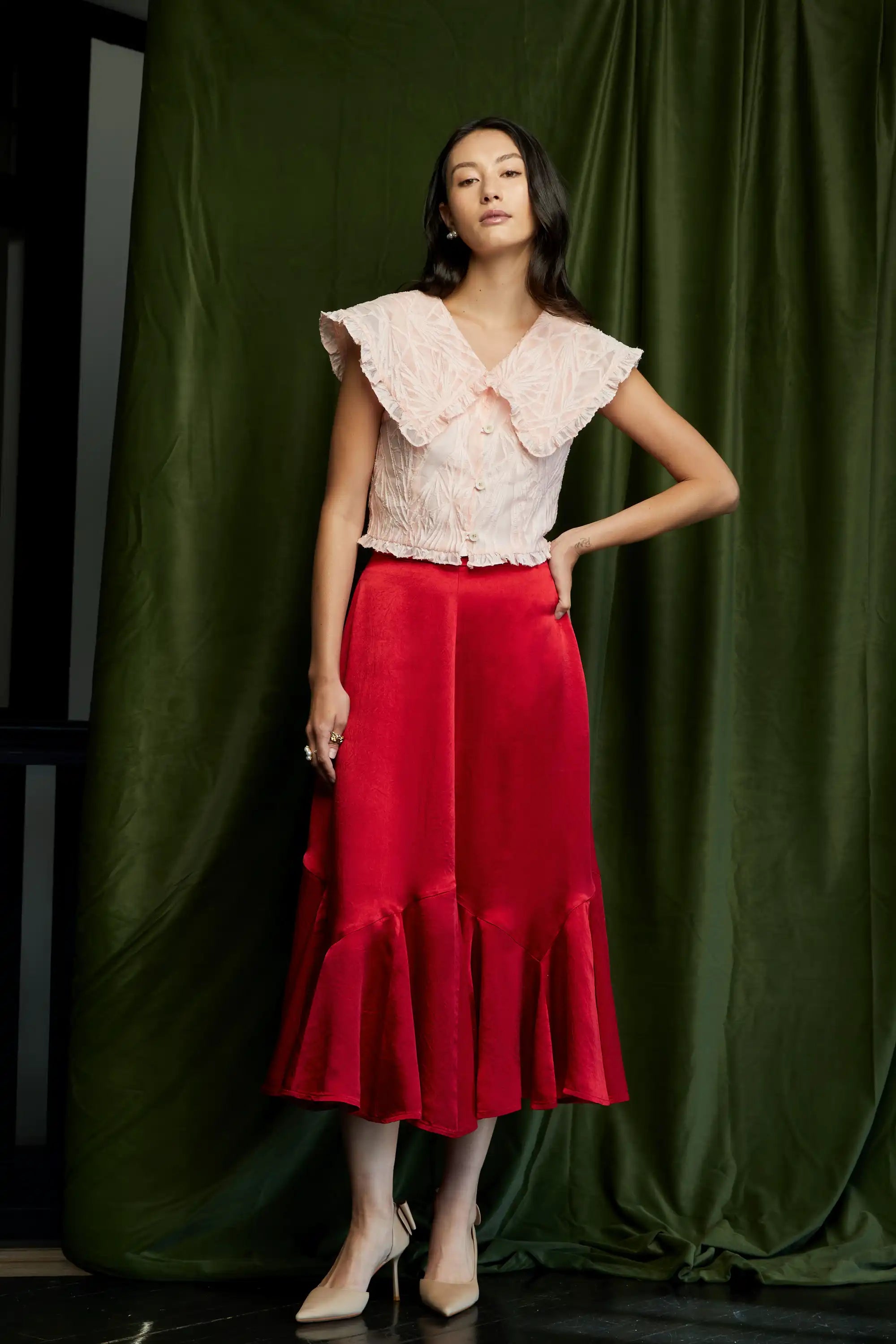 Sailor Collar Cropped Top – Pink Jacquard | Reckless Ericka
