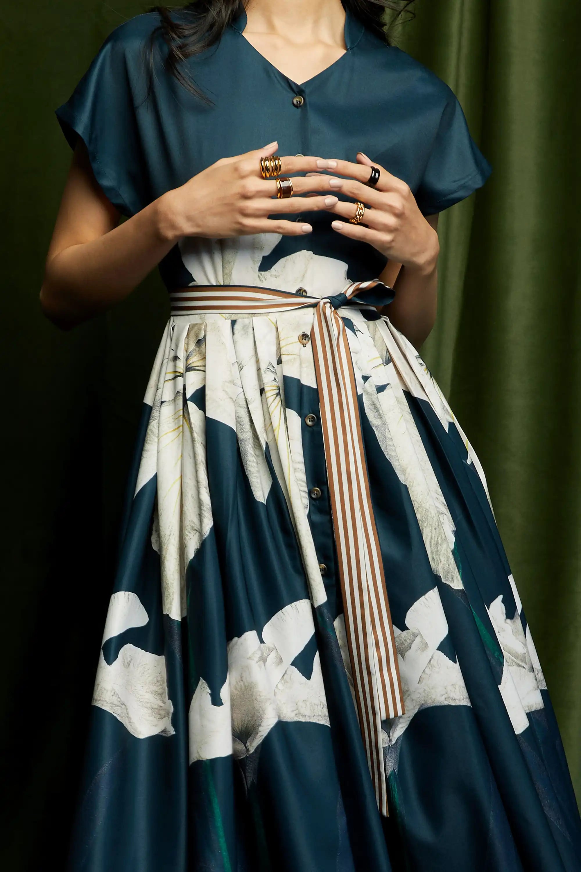 Stand Collar Dual Box Pleat Dress (Iris)