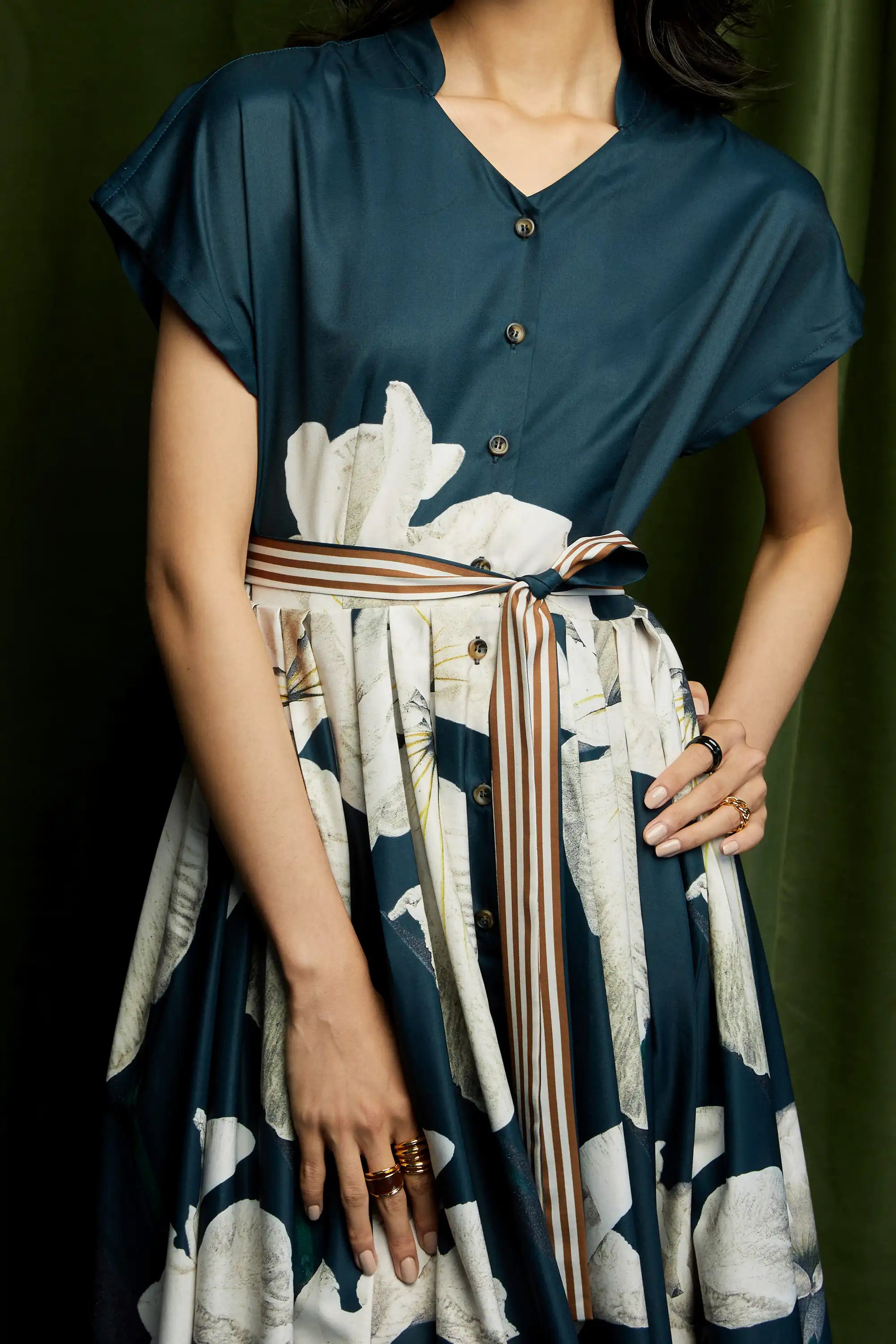 Stand Collar Dual Box Pleat Dress (Iris)