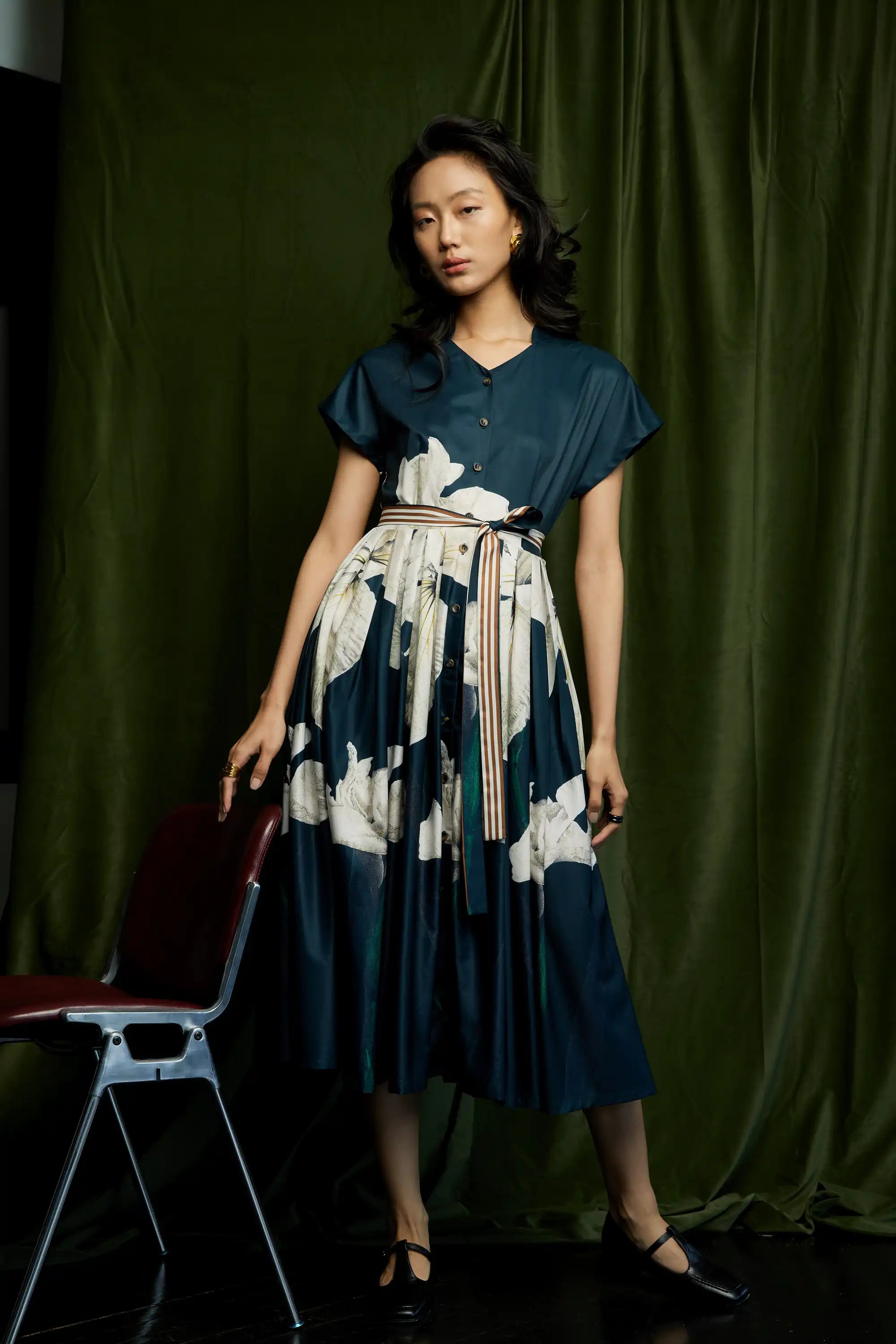 Stand Collar Dual Box Pleat Dress (Iris)