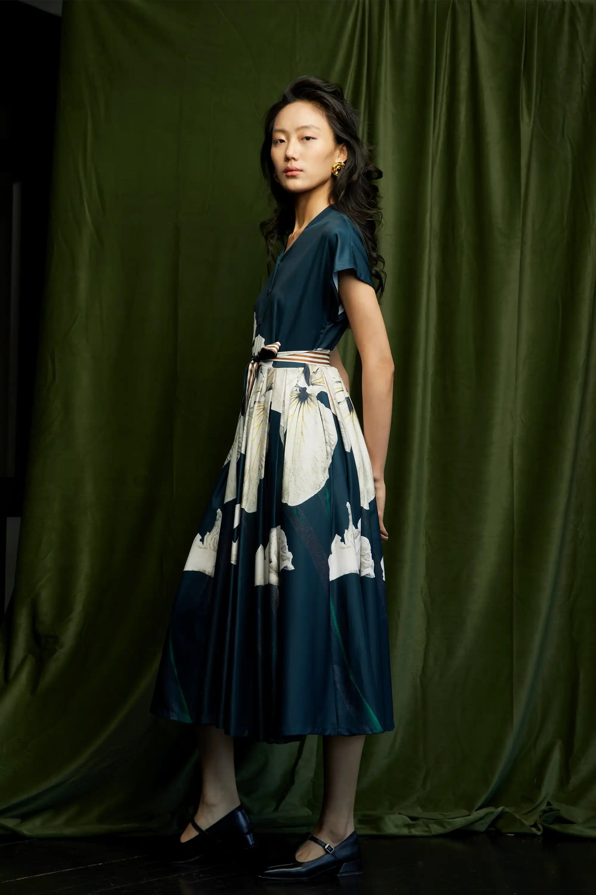 Stand Collar Dual Box Pleat Dress (Iris)