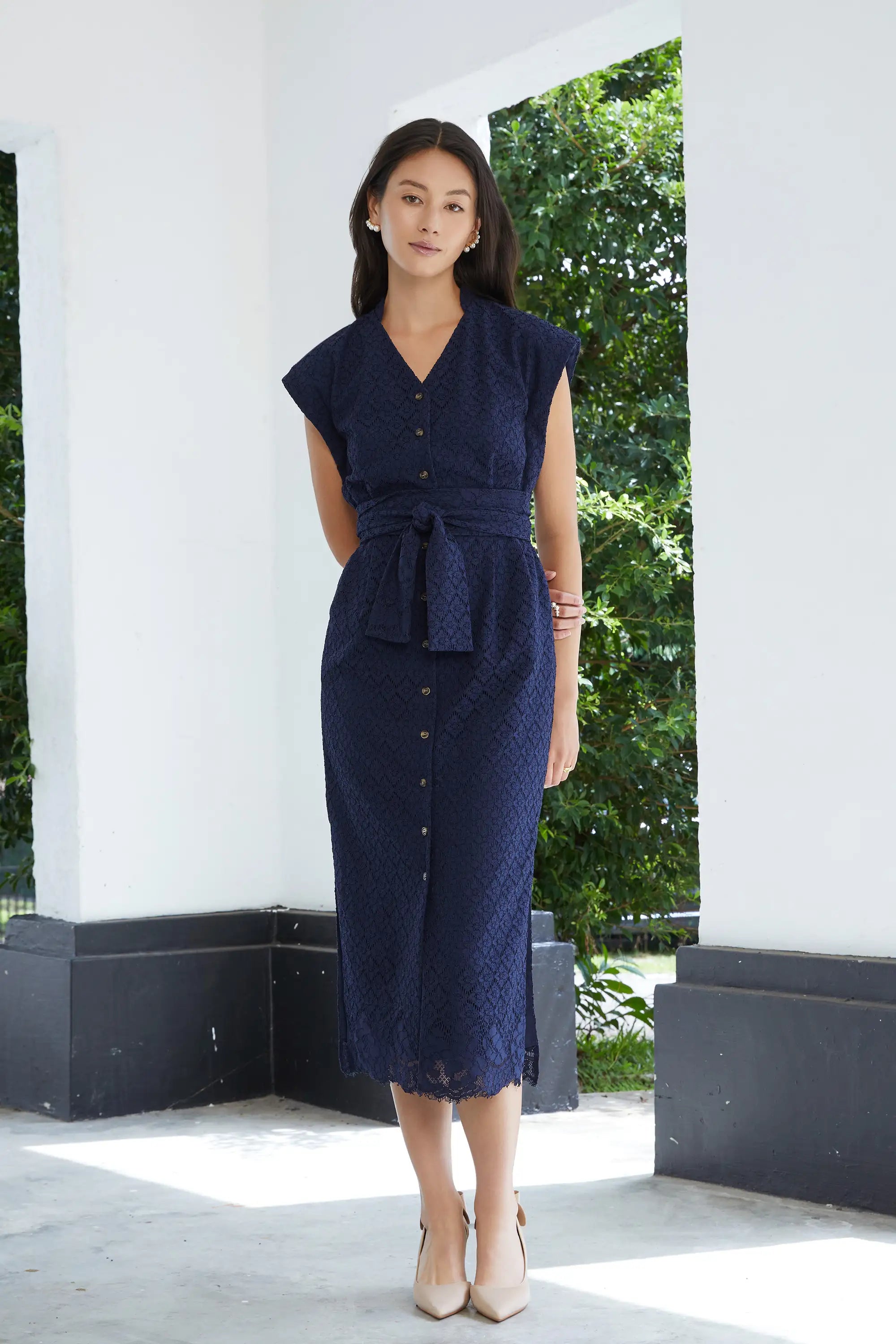 Stand Collar Pencil Dress (Navy Lace)