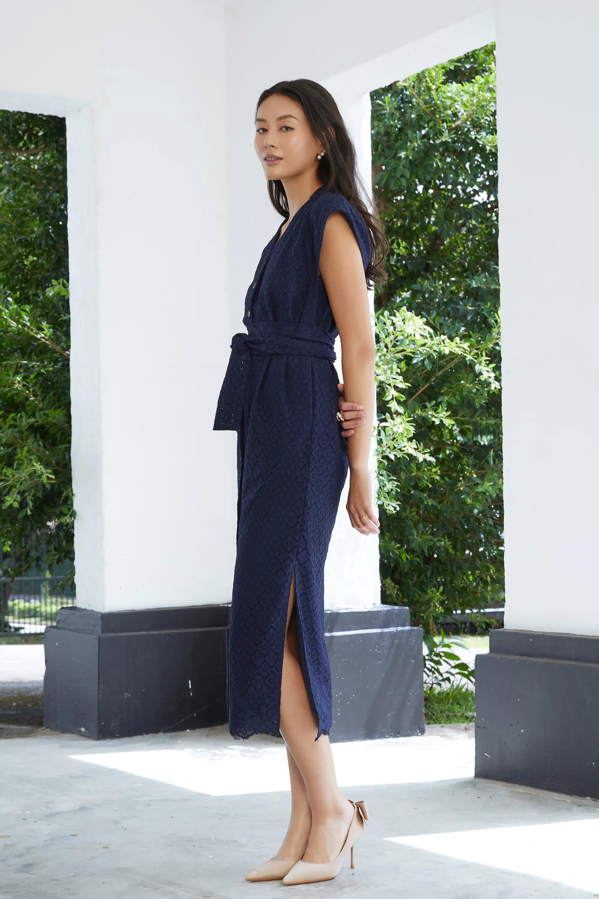 Stand Collar Pencil Dress – Navy Lace
