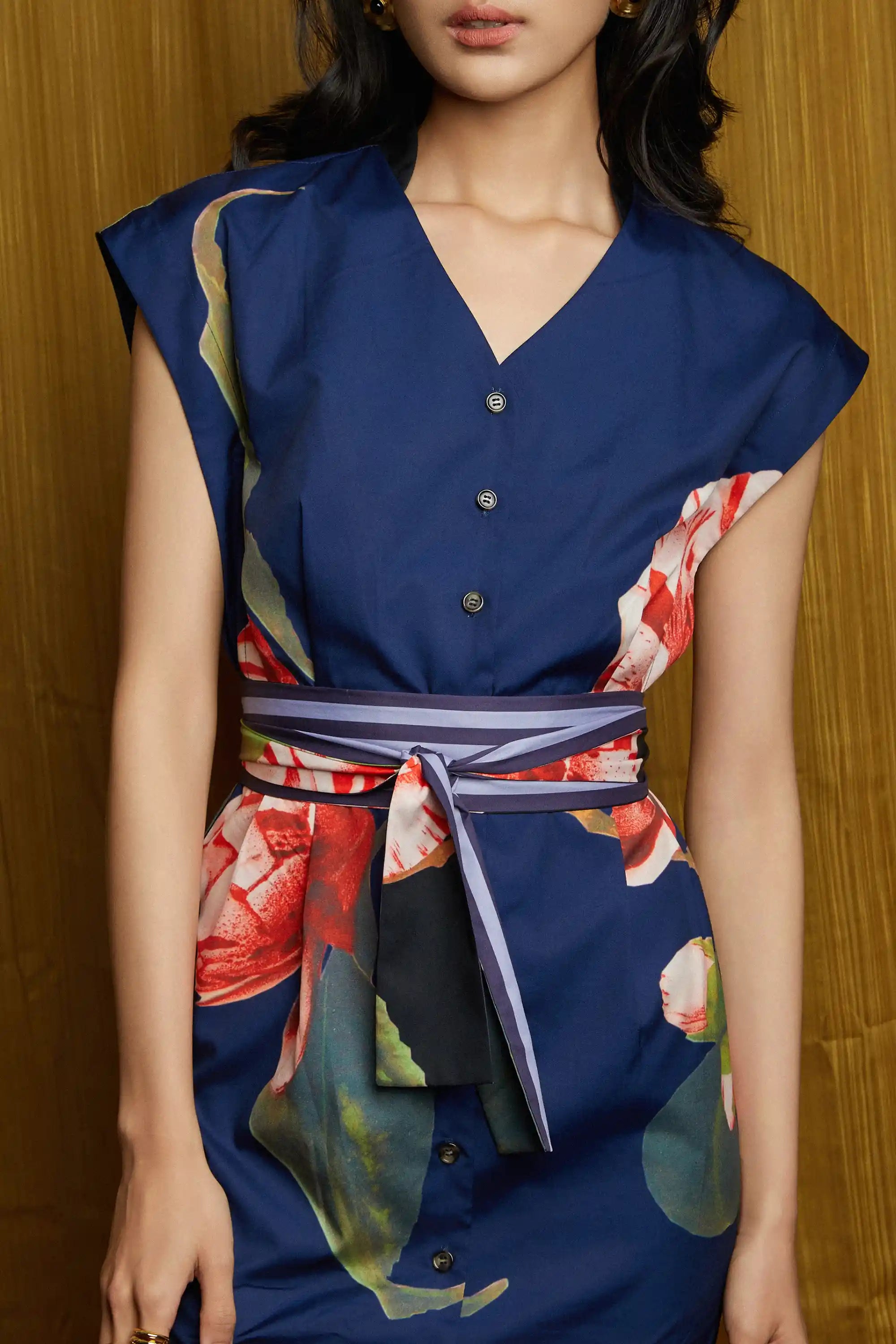 Stand Collar Pencil Dress (Striped Camellia)