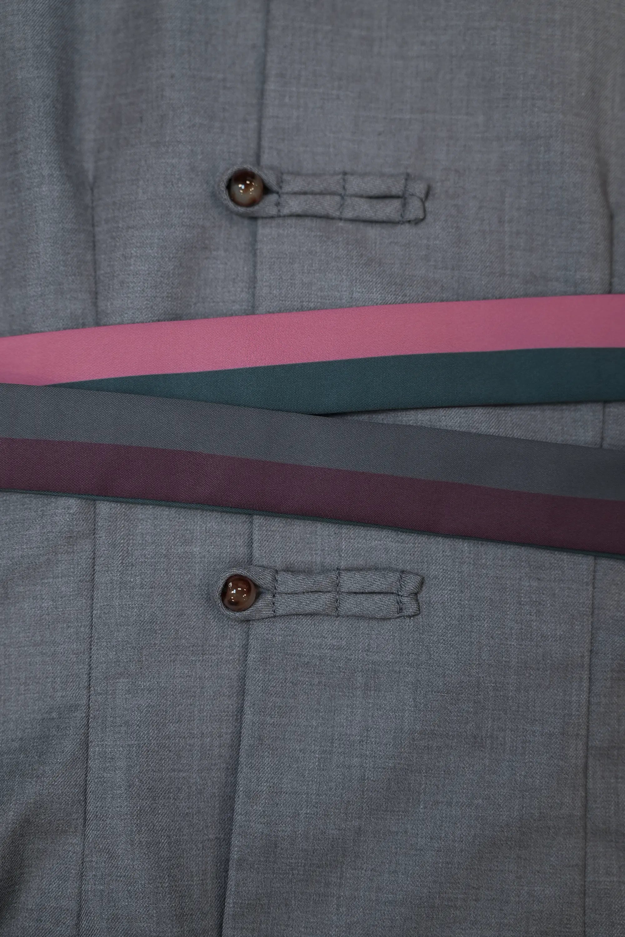 Striped waist sash detail on Arrayed grey Blue Carnation pankou top