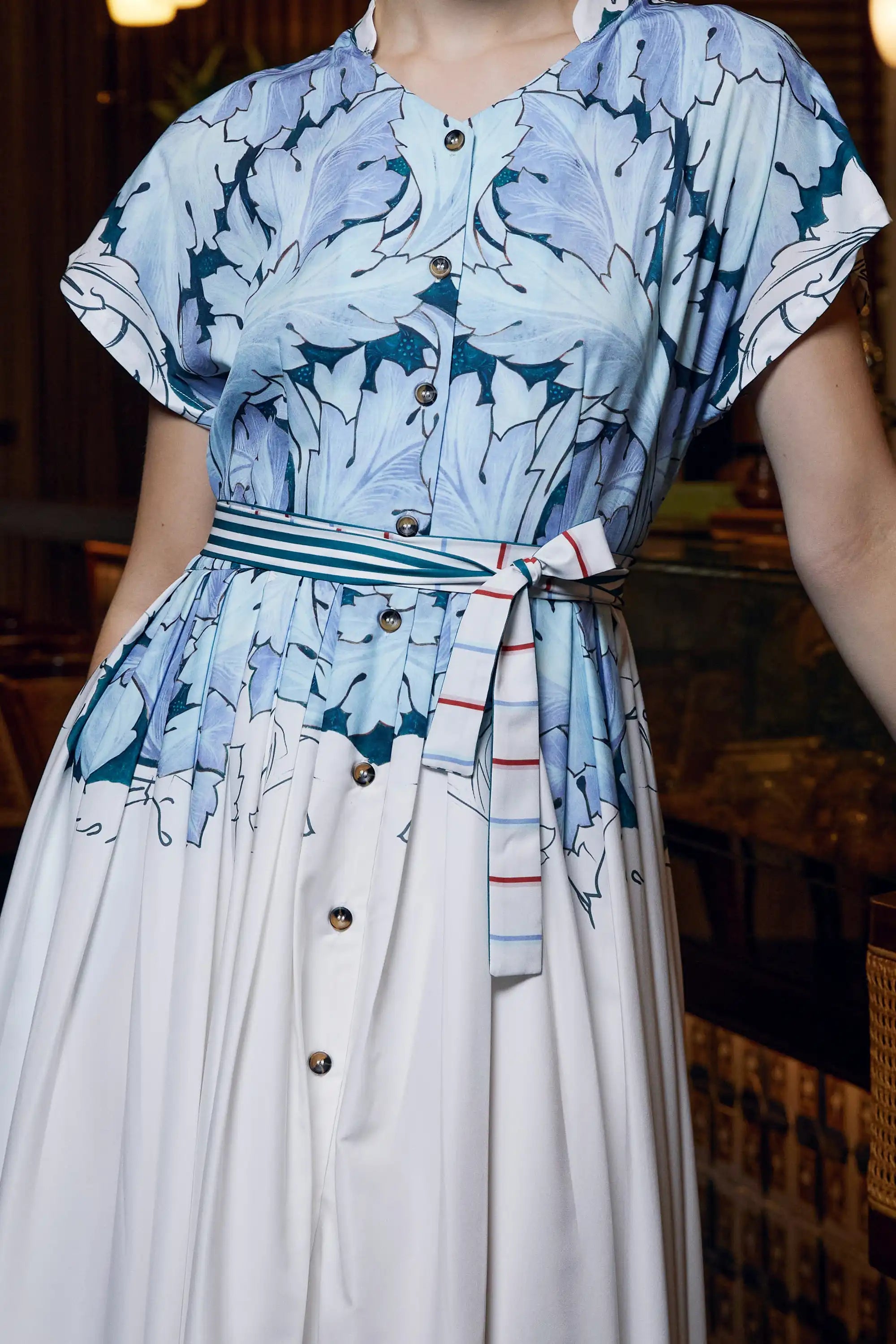 Stand Collar Dual Pleat Dress (Acanthus)