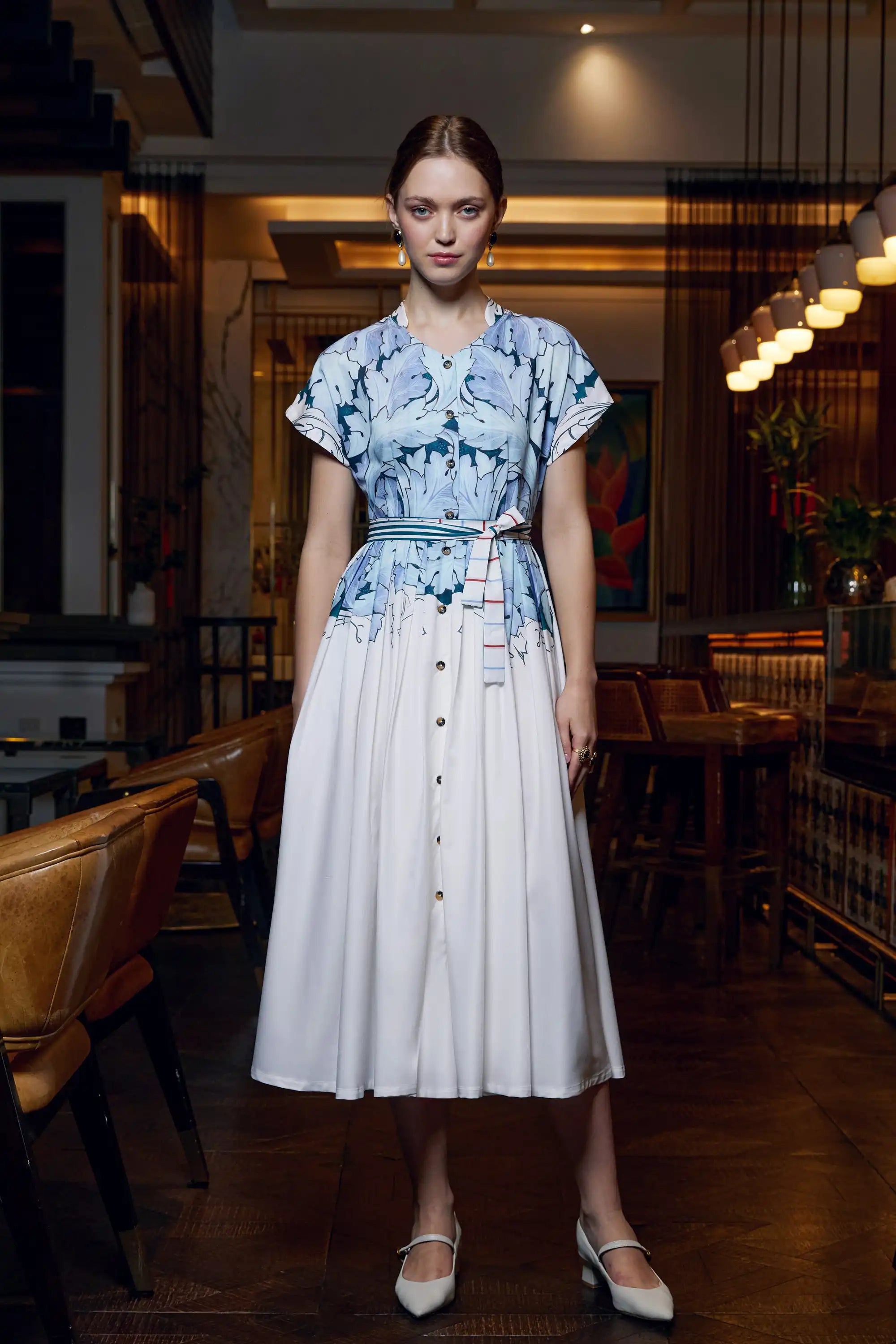 Stand Collar Dual Pleat Dress (Acanthus)