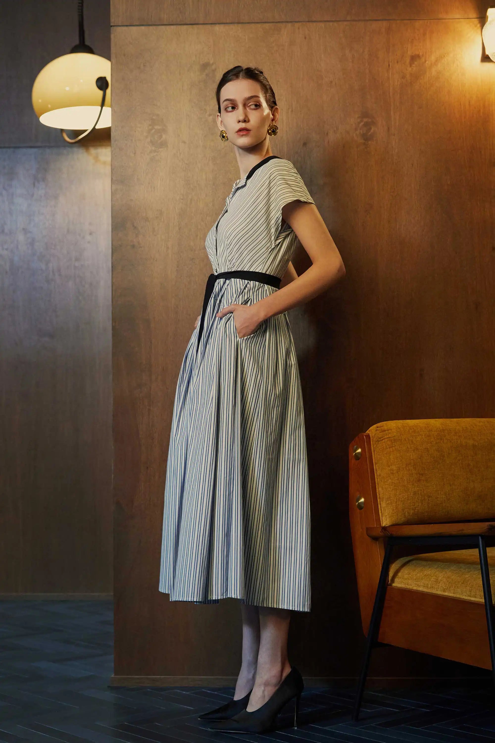 Chinese Collar Fit & Flare Maxi Dress (Grey Blue Stripes)