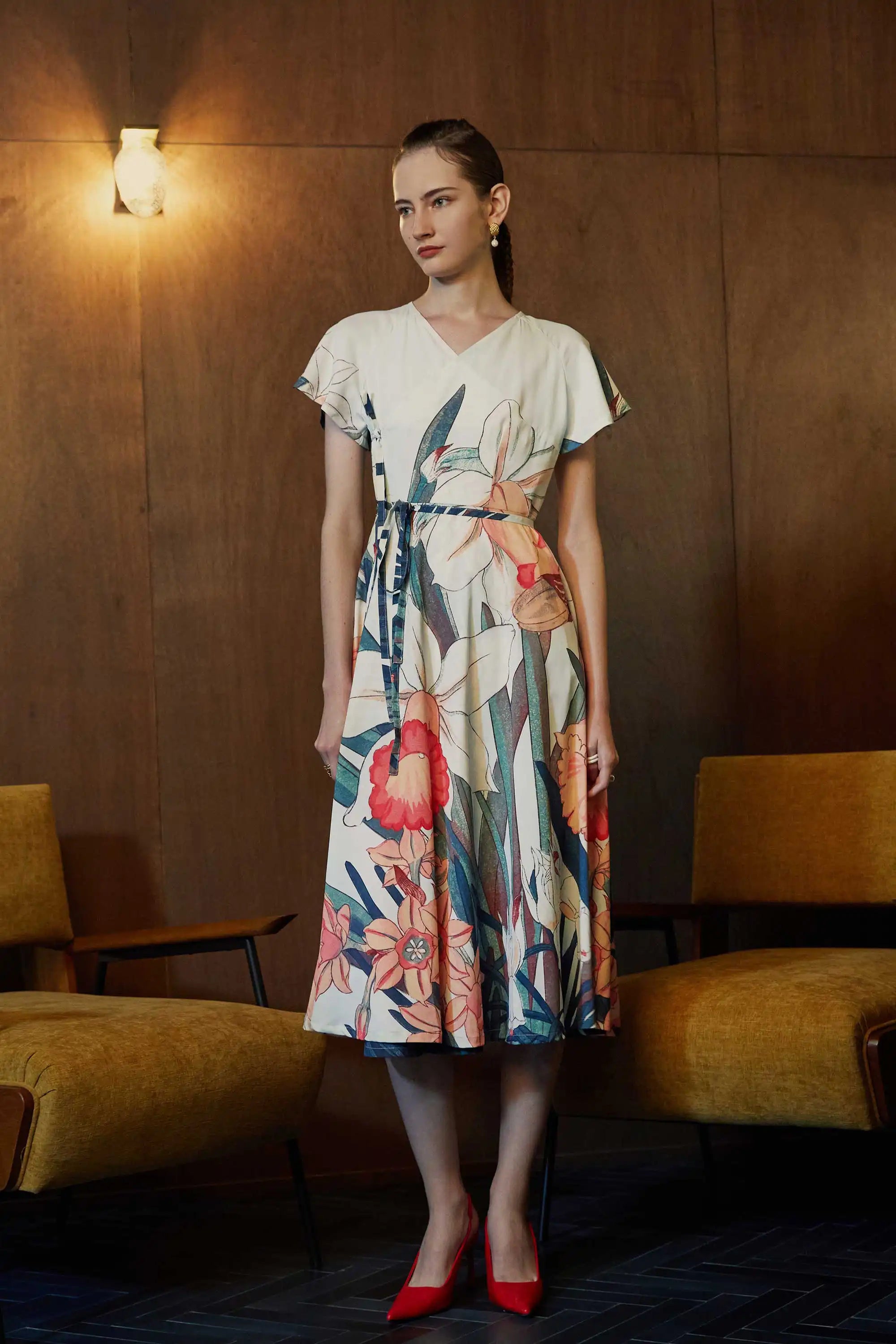 Flutter Sleeves Wrap Midi Dress (Daffodil)