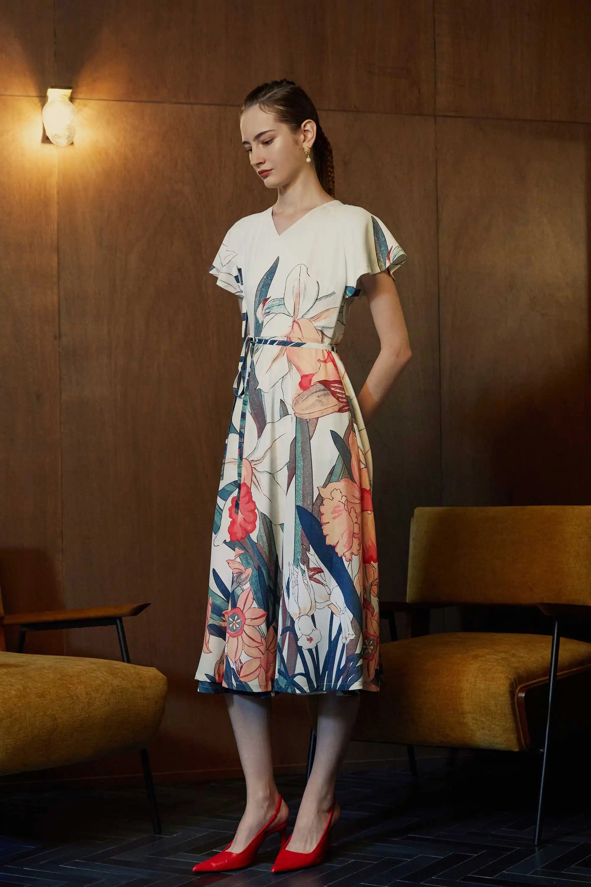 Flutter Sleeves Wrap Midi Dress (Daffodil)
