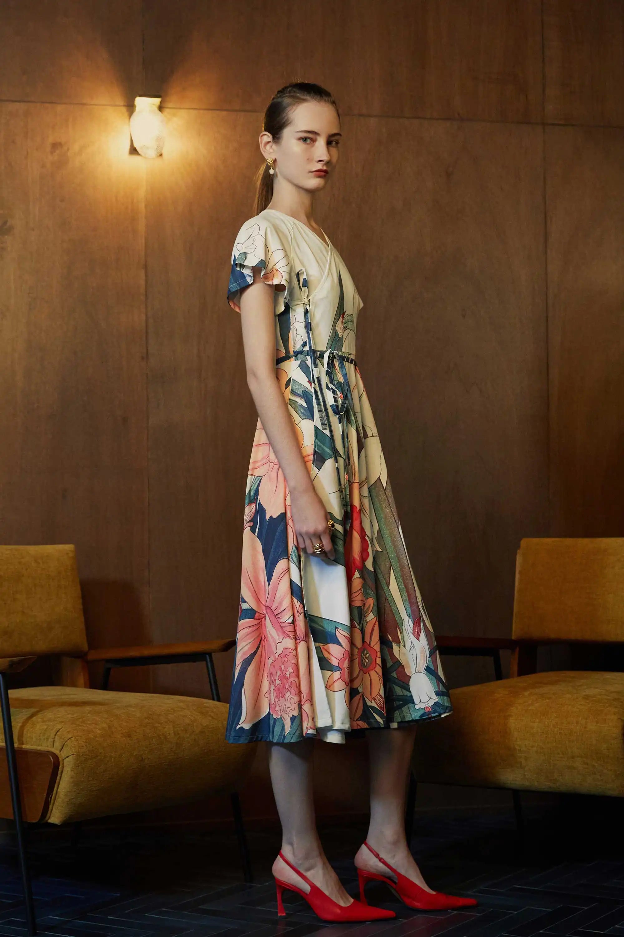 flutter sleeve wrap midi dress Candace Flutter Sleeve Faux-Wrap Midi Dress Teal Floral / XL