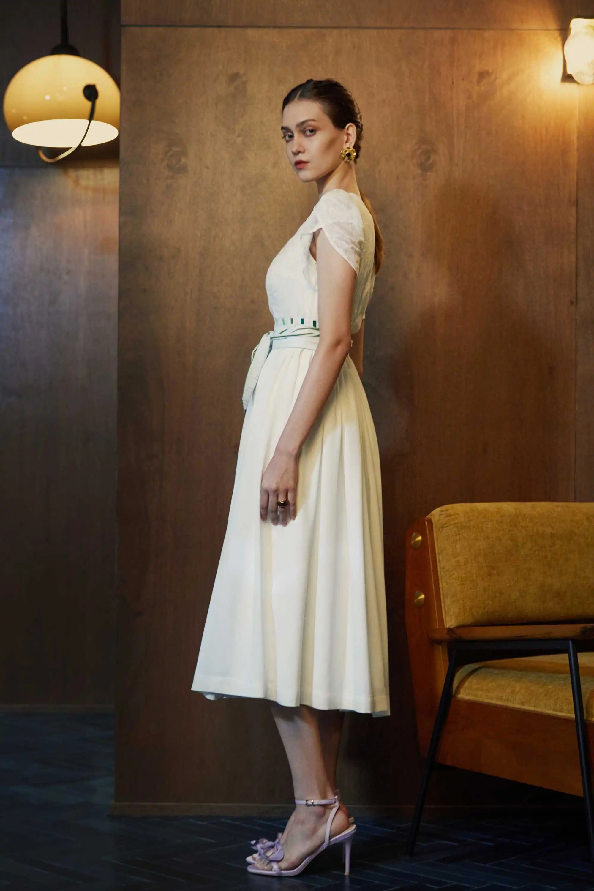white lace dress with brown belt Agreath - Set: Long-Sleeve Square Neck Plain Lace Trim Ruffle Maxi A-Line Dress + Floral Lace-Up Corset Belt