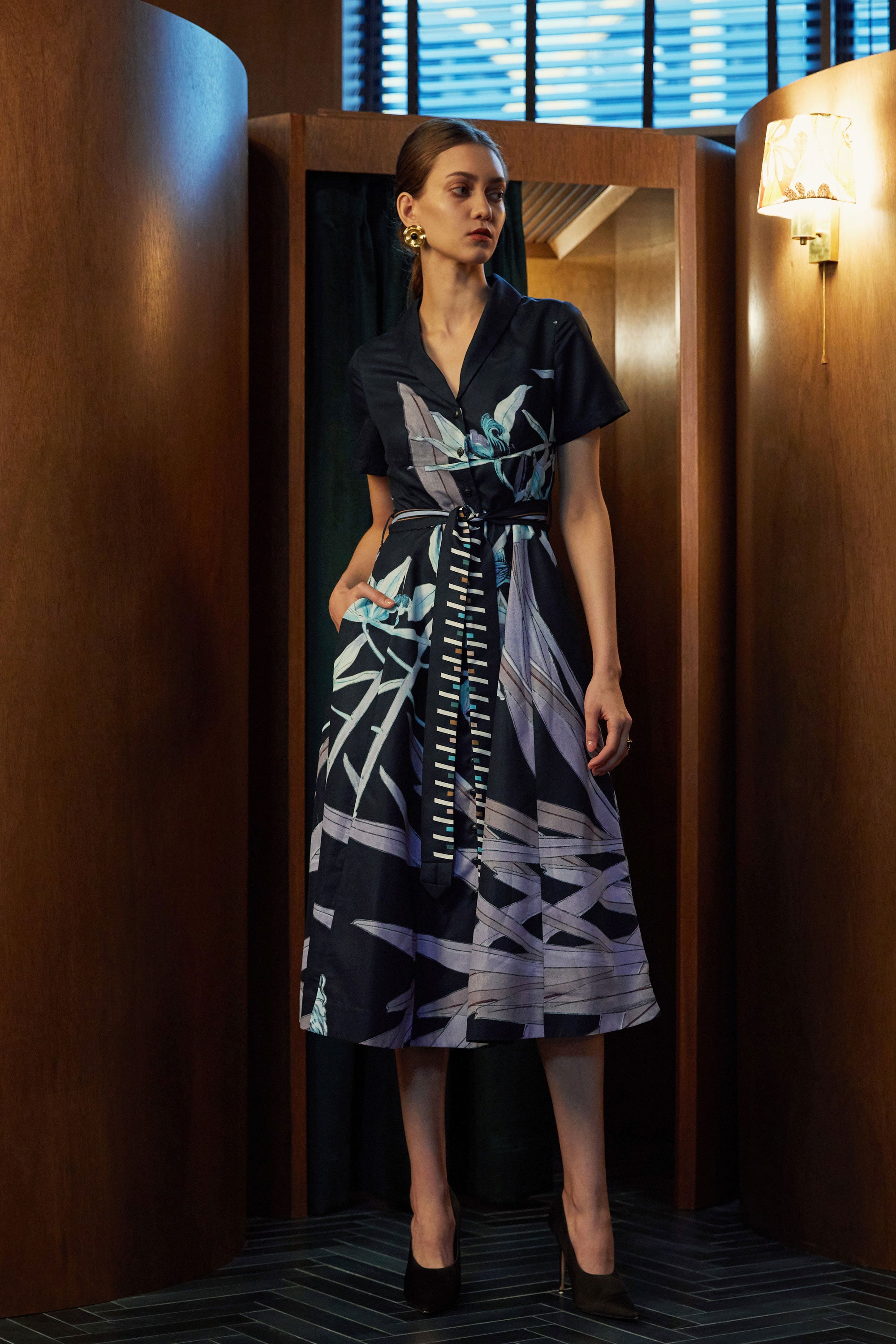Shawl Collar Panel Dress (Cymbidium Orchid)