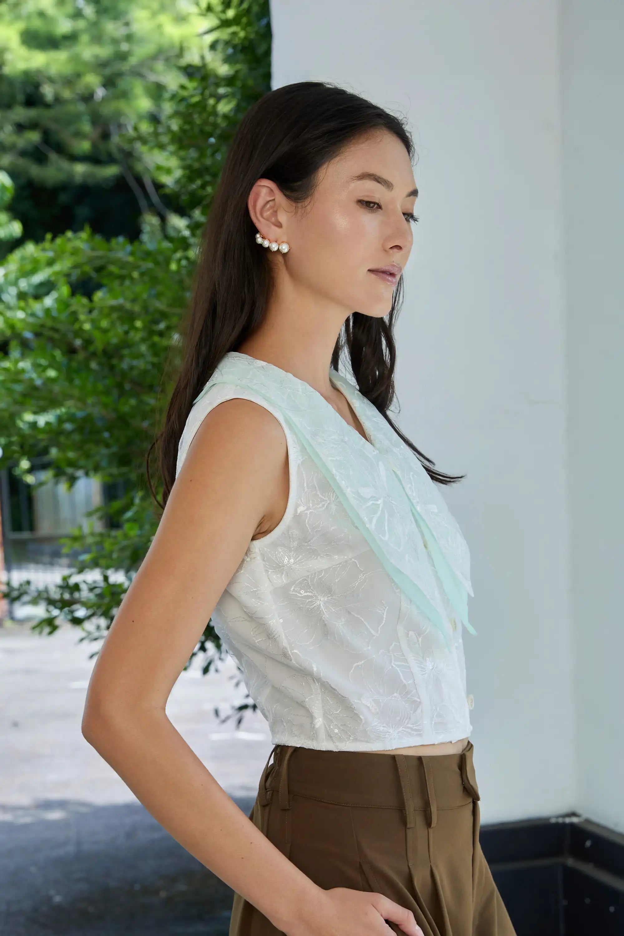 Cascade Collar Top (White Mint)