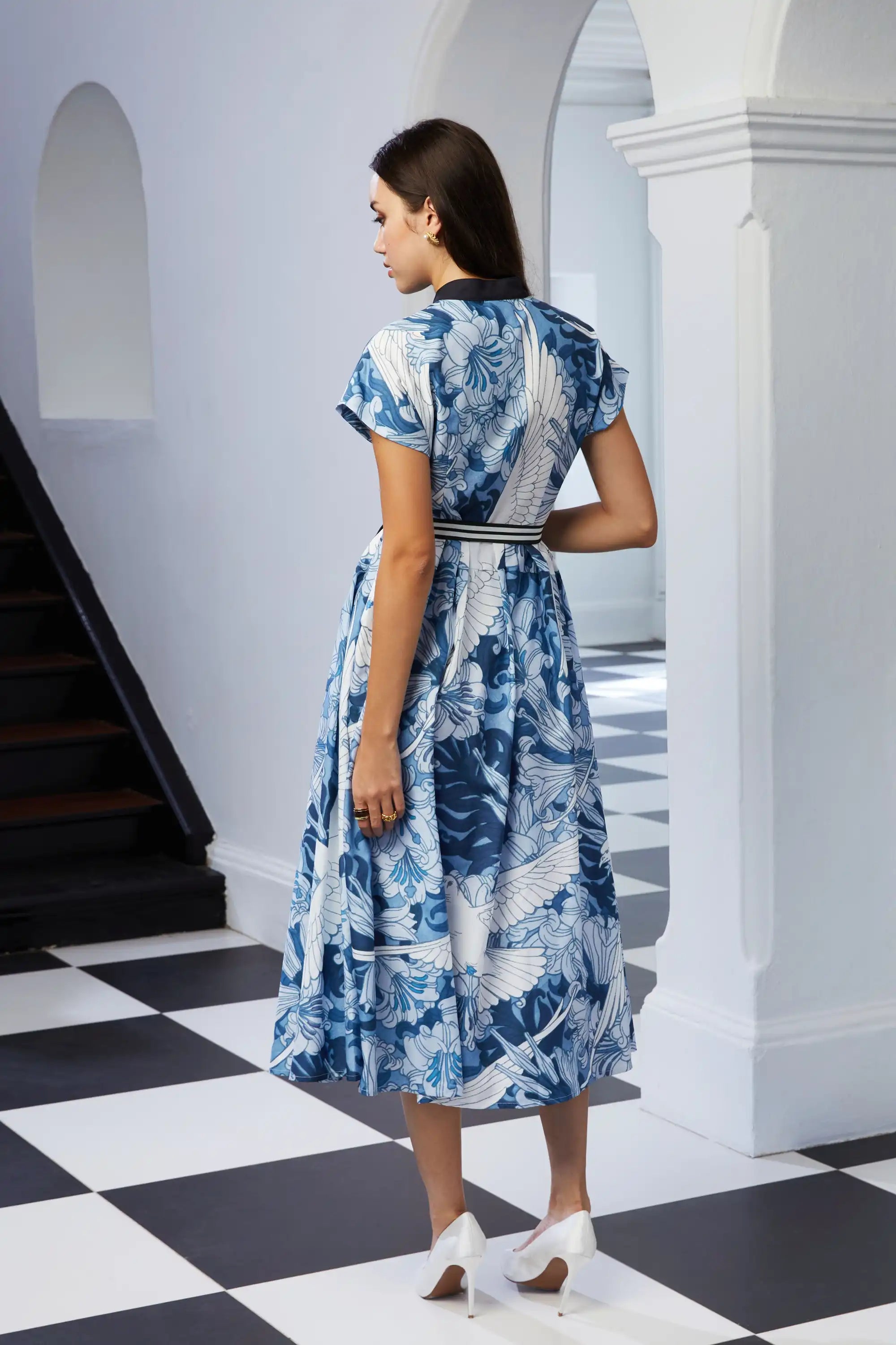 Chinese Collar Fit & Flare Dress (Dove)