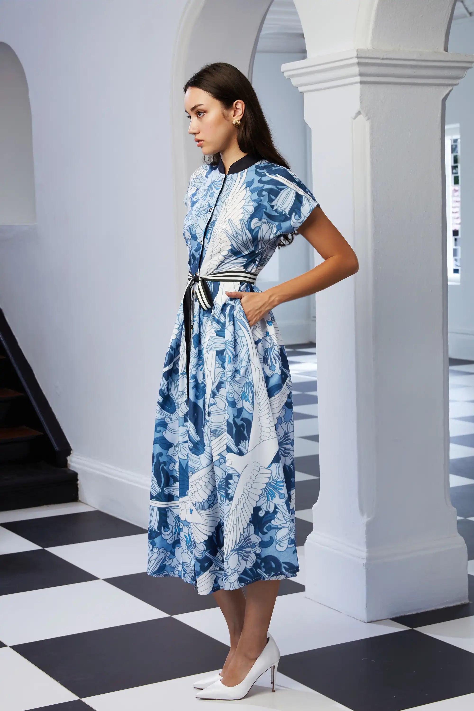 Chinese Collar Fit & Flare Dress (Dove)