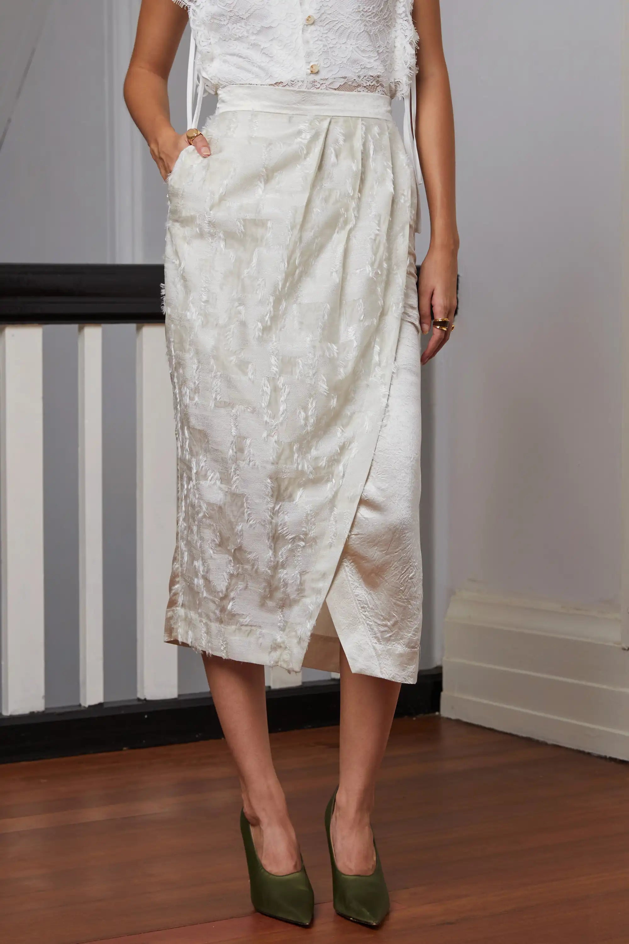 Faux Wrap Pencil Skirt (White)