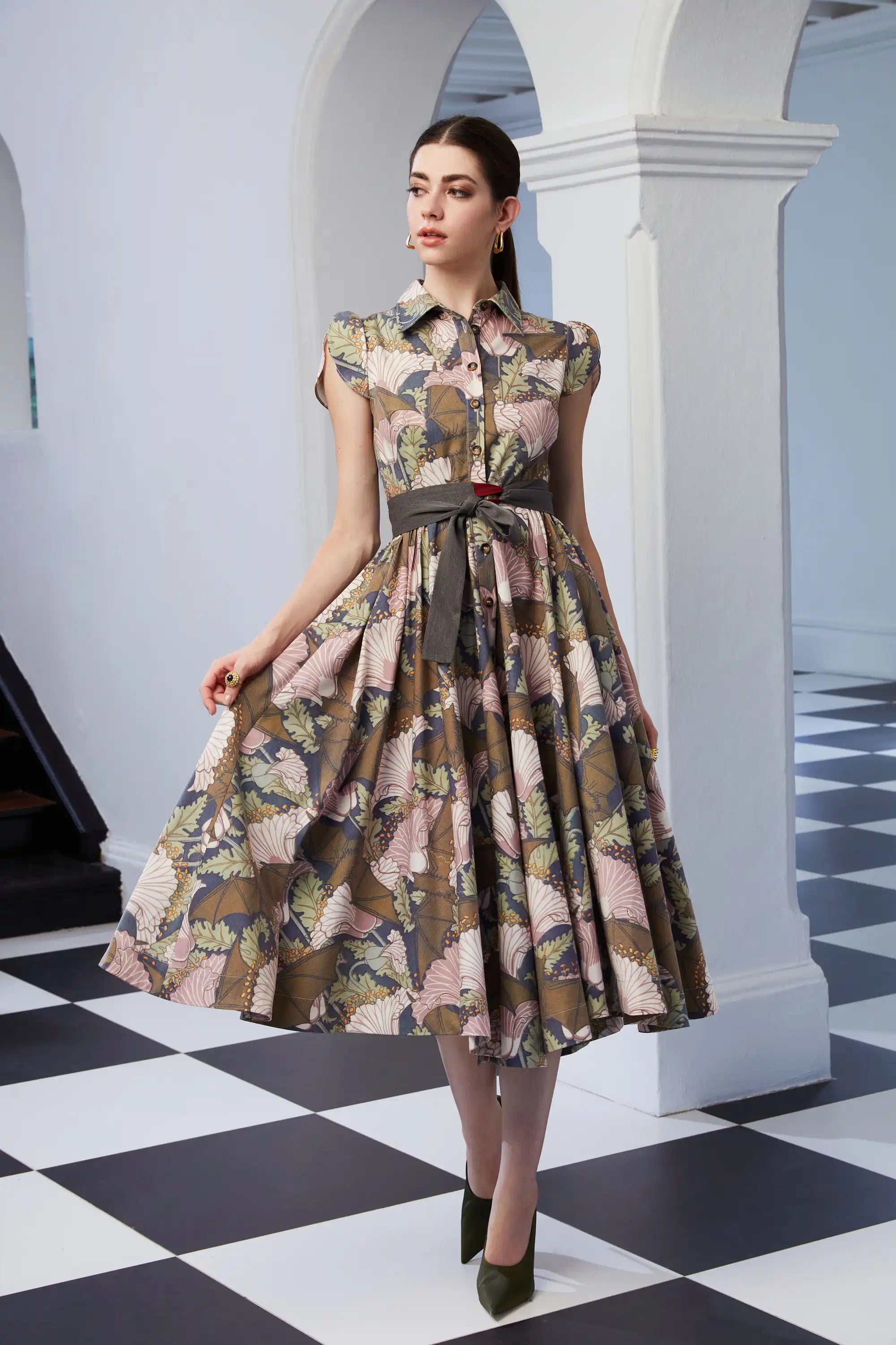 Snowdrop Sleeves Shirtwaist Dress (Bat)