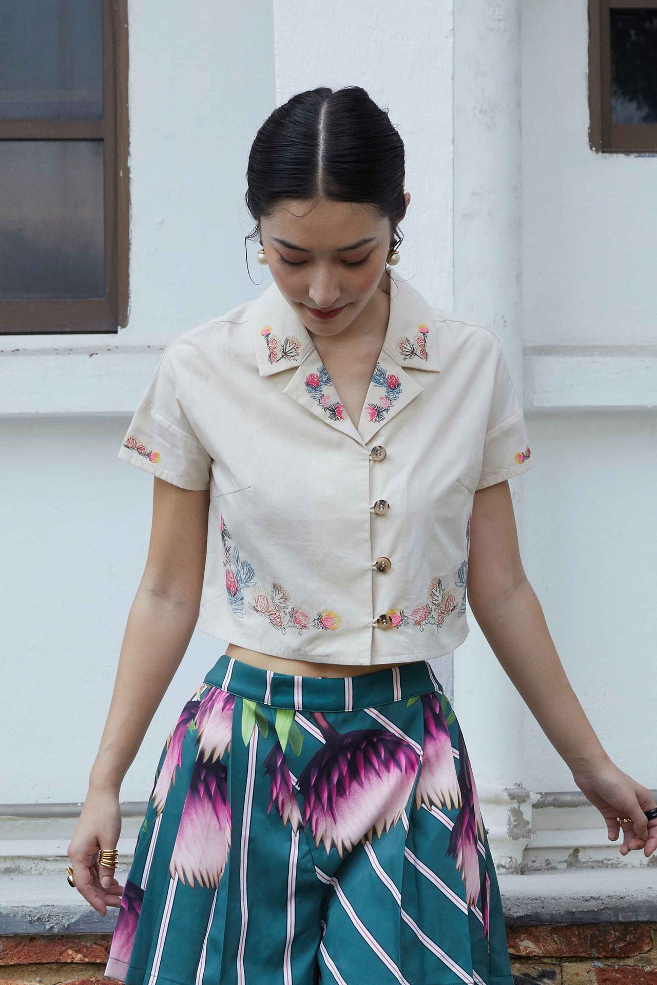 Embroidered Cropped Cuban Shirt (White Embroidery)