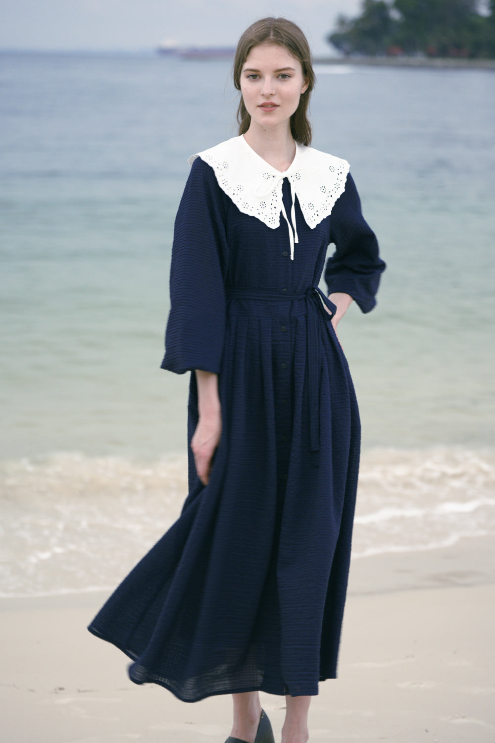 Parachute Sleeves Button Down Midi Dress Navy Reckless Ericka