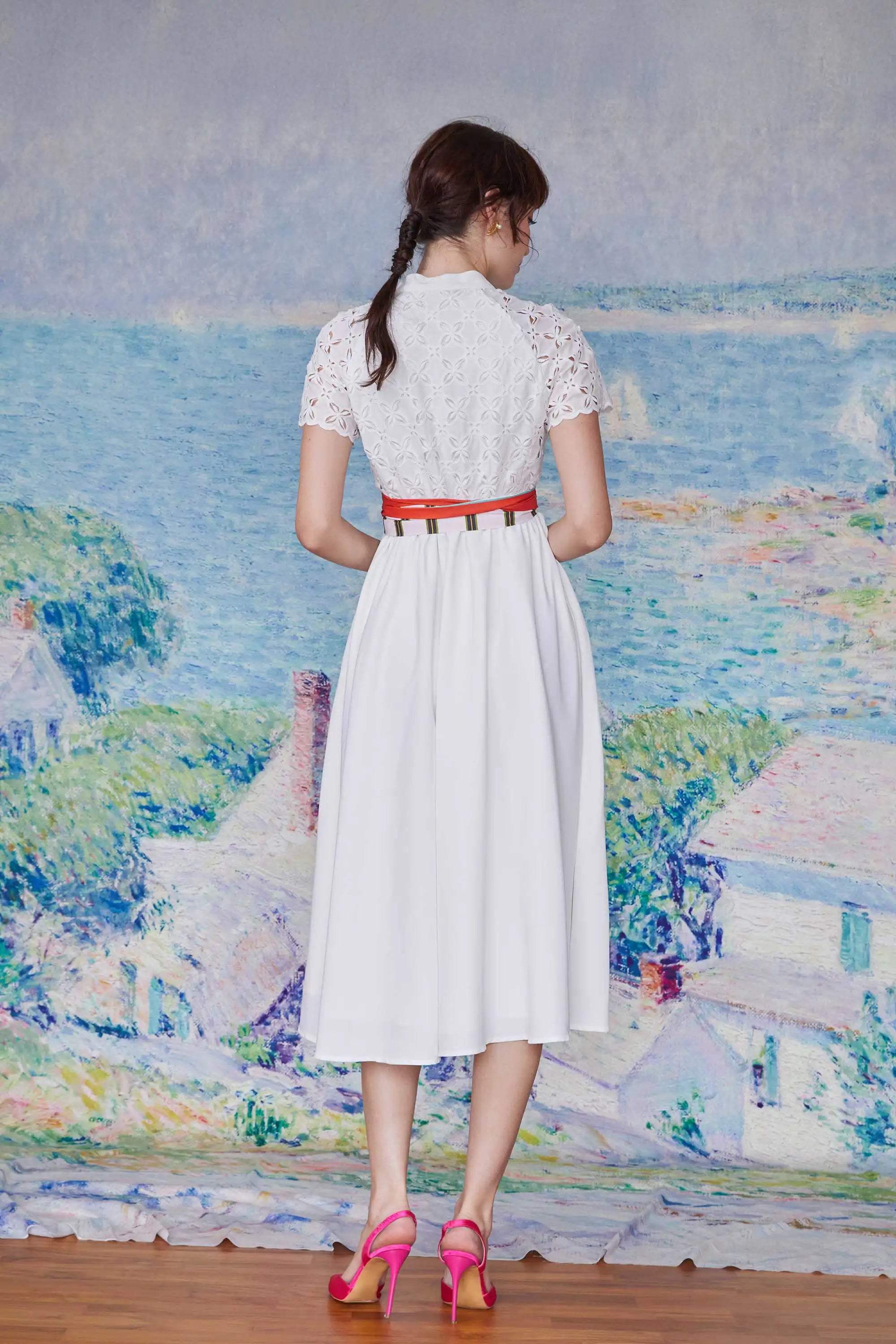 Border Shirtwaist Dress (White)