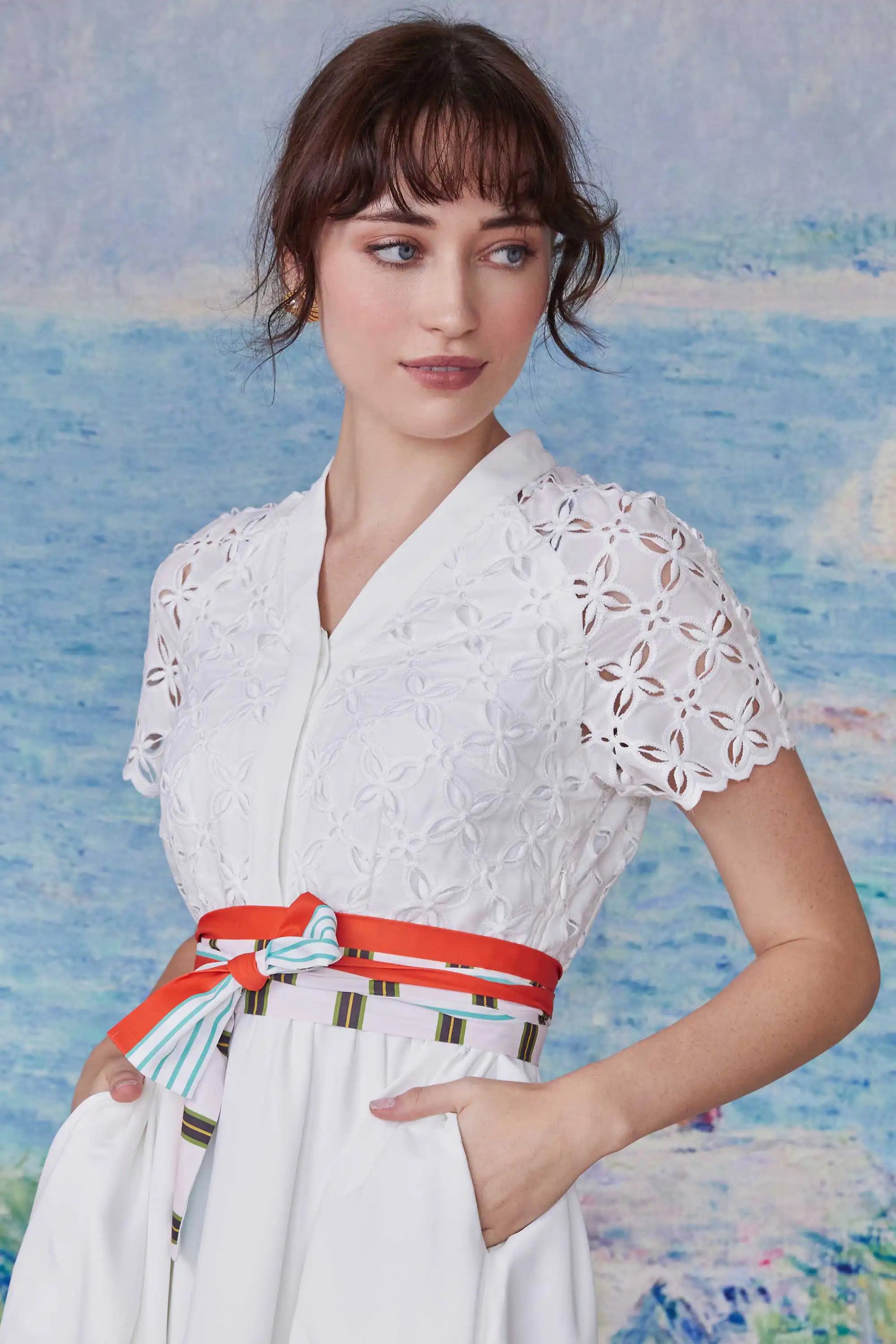 Border Shirtwaist Dress (White)