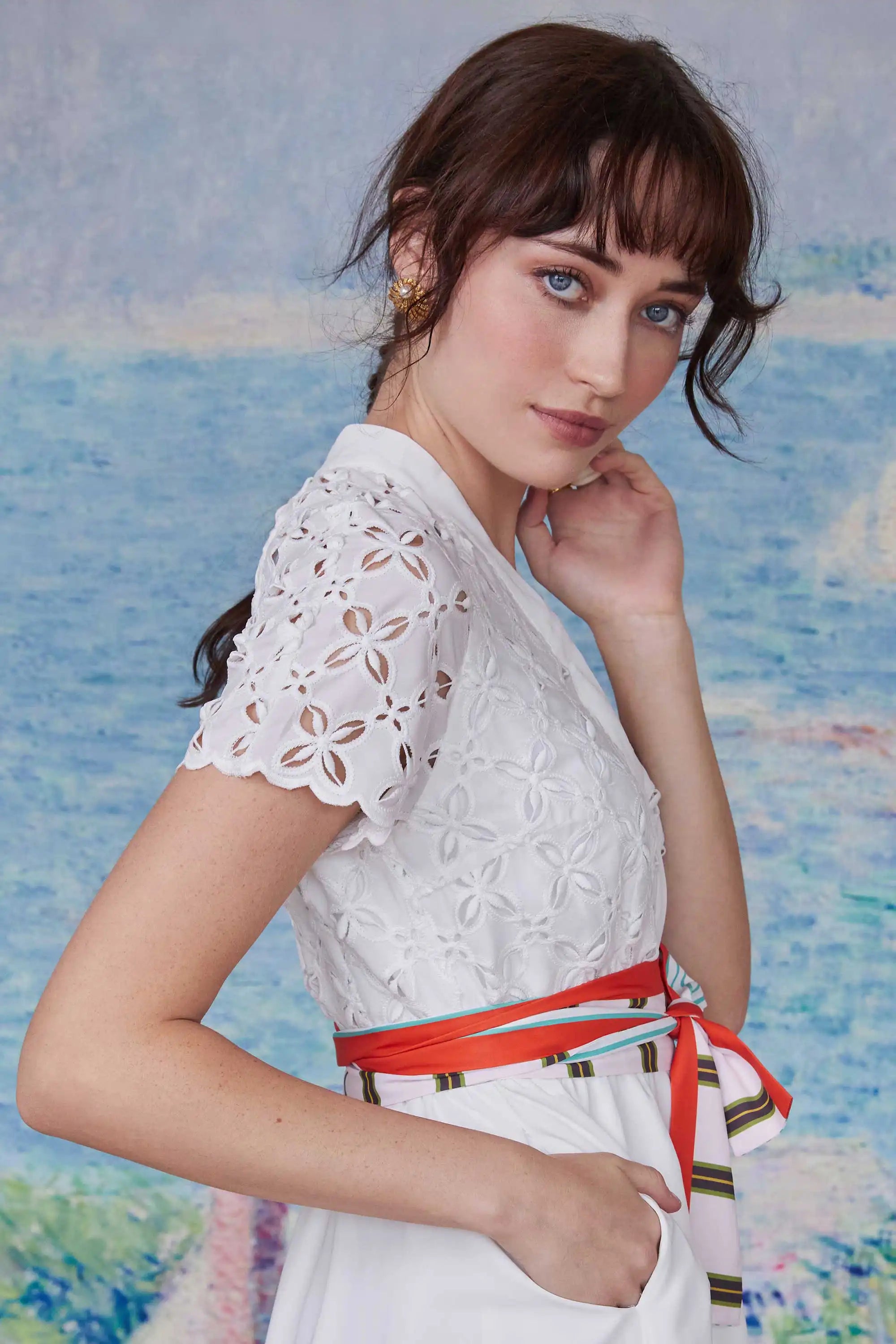 Border Shirtwaist Dress (White)