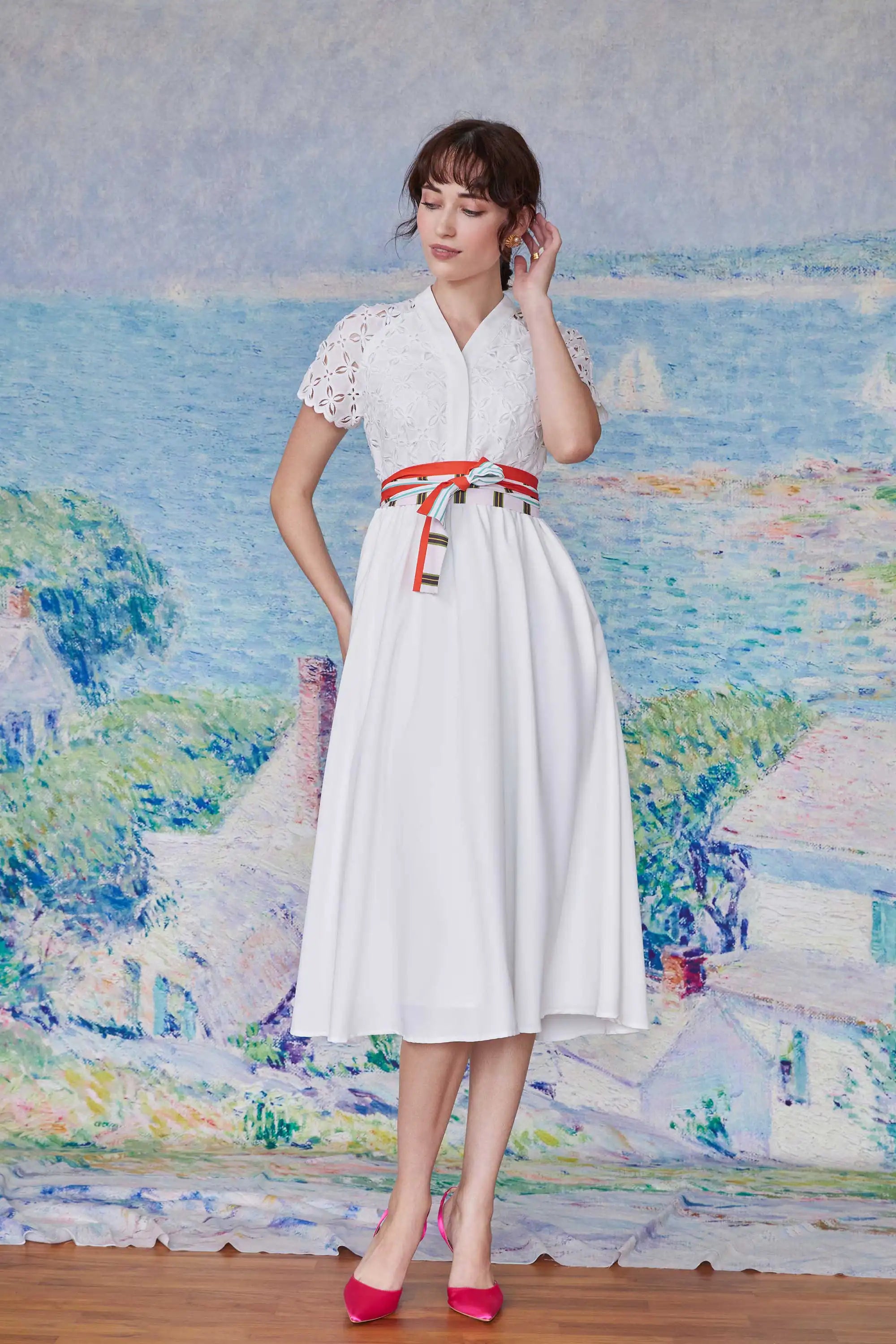 Border Shirtwaist Dress (White)