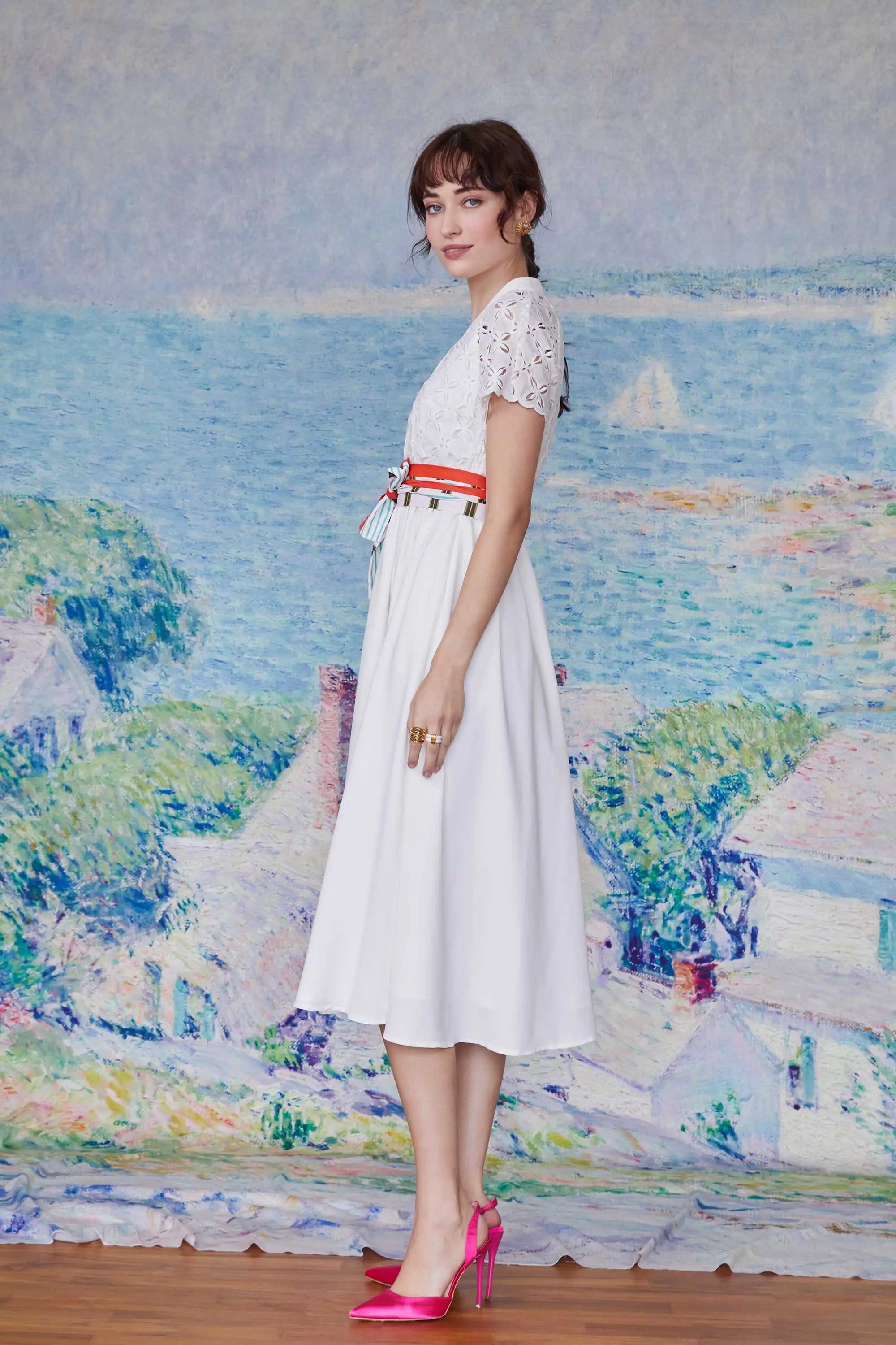 Border Shirtwaist Dress (White)