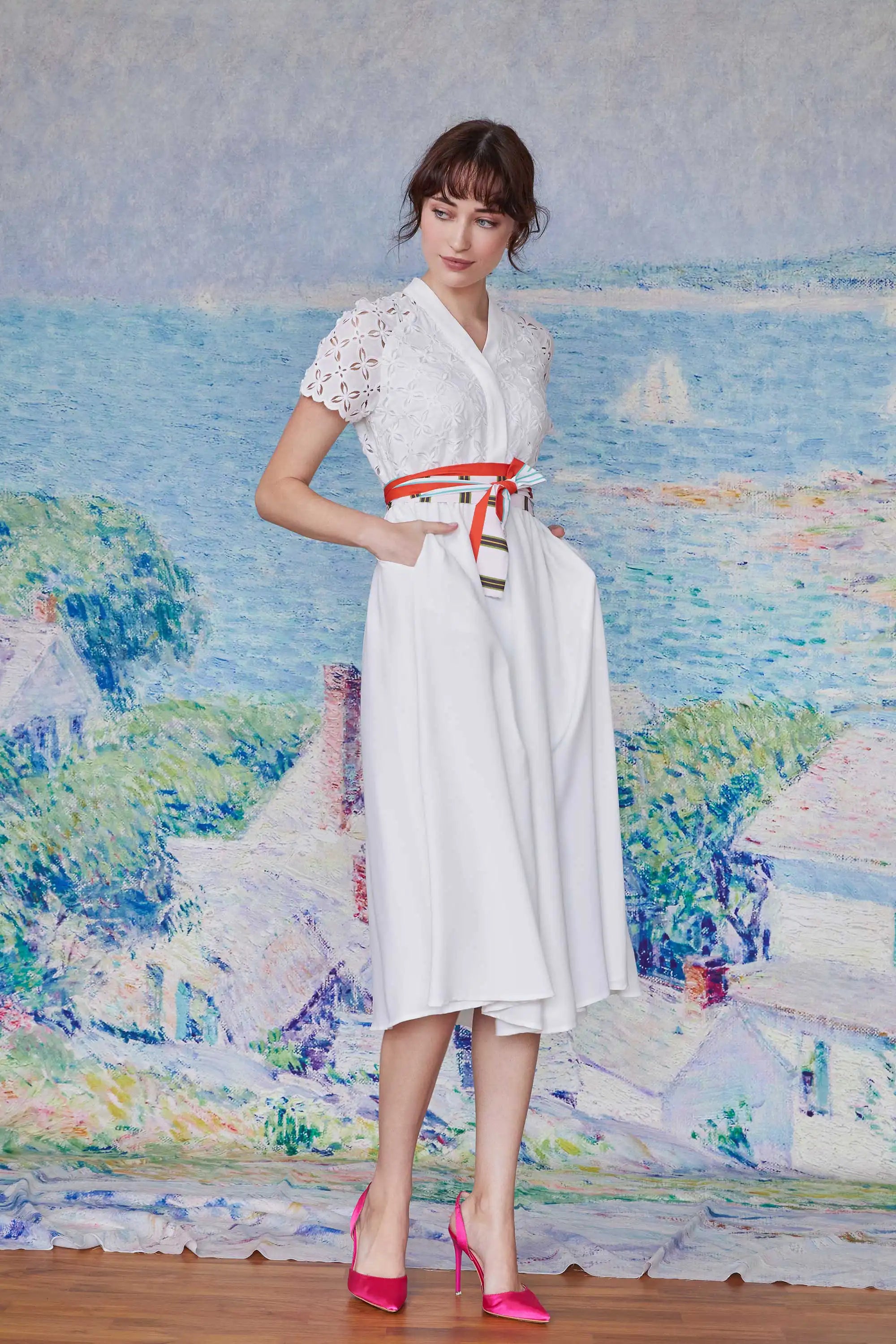 Border Shirtwaist Dress (White)