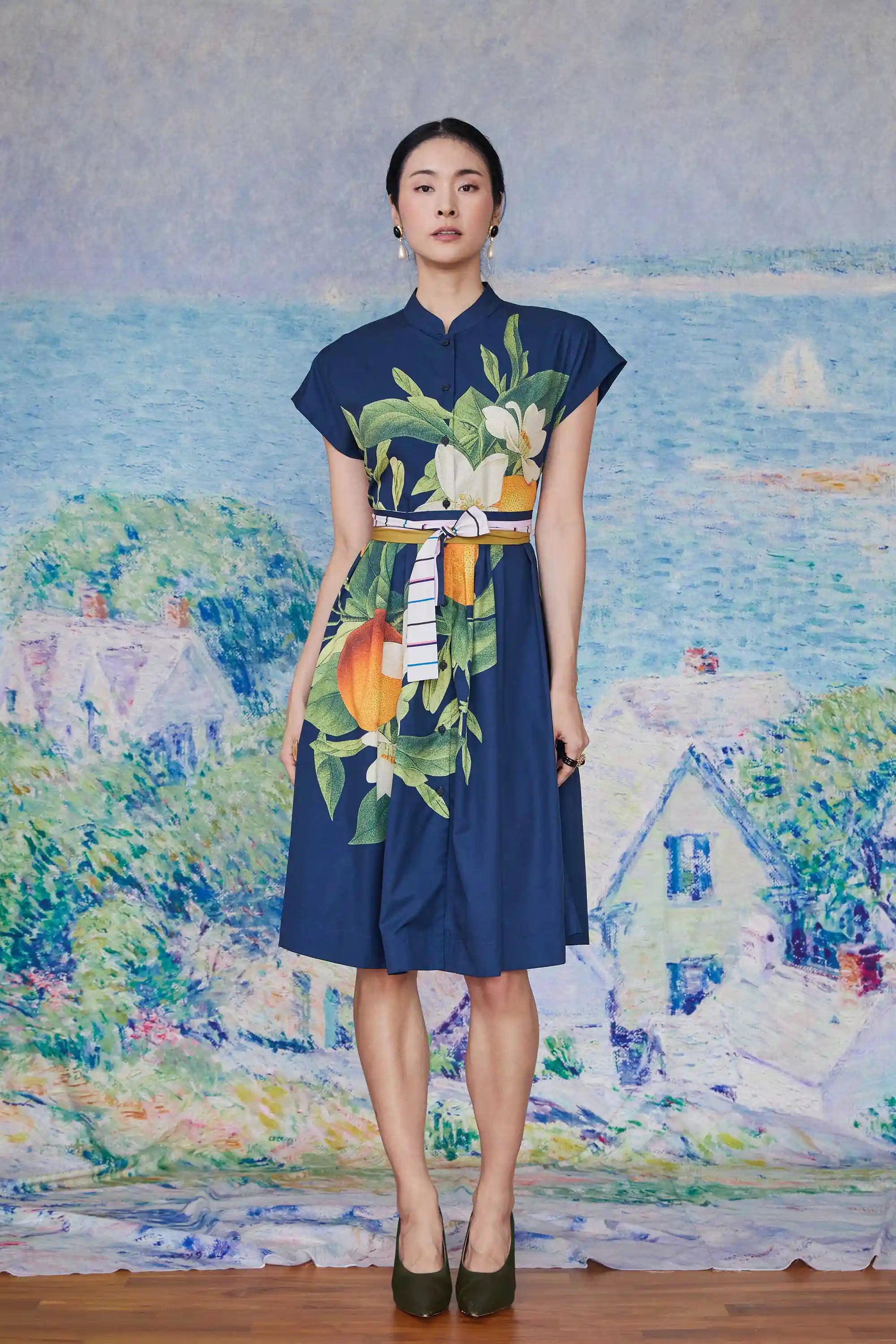 Chinese Collar Fit & Flare Knee Dress (Clementine)
